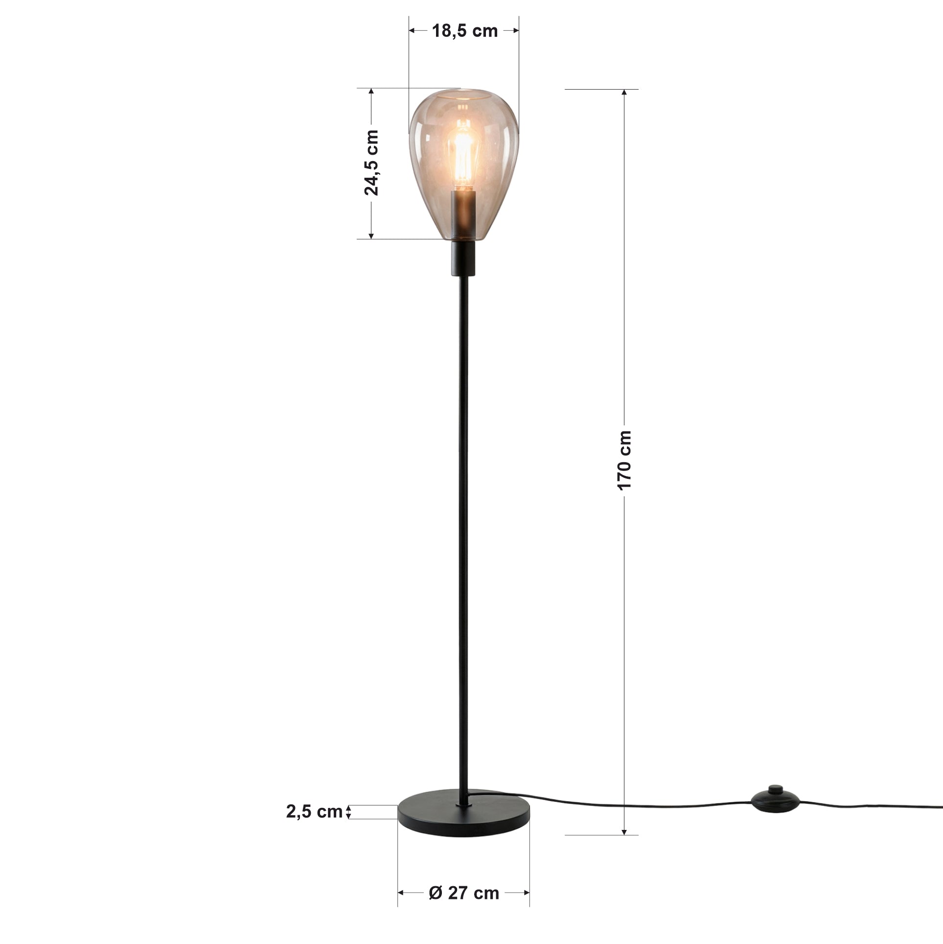 Vloerlamp Fenna - 1-lichts - Smoke - Glas - 170 cm