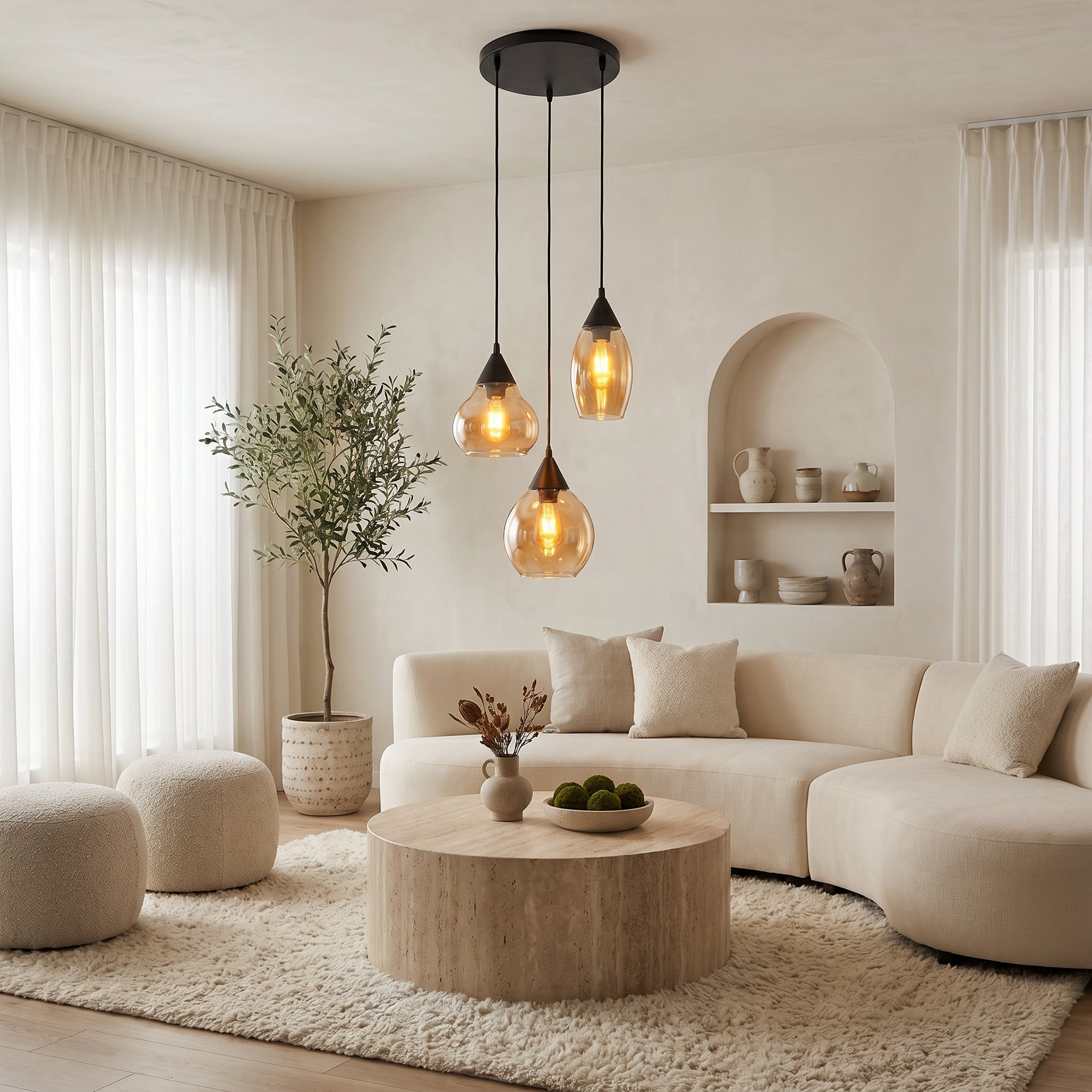 Hanglamp Olea - 3-lichts - Amberkleurig - Glas