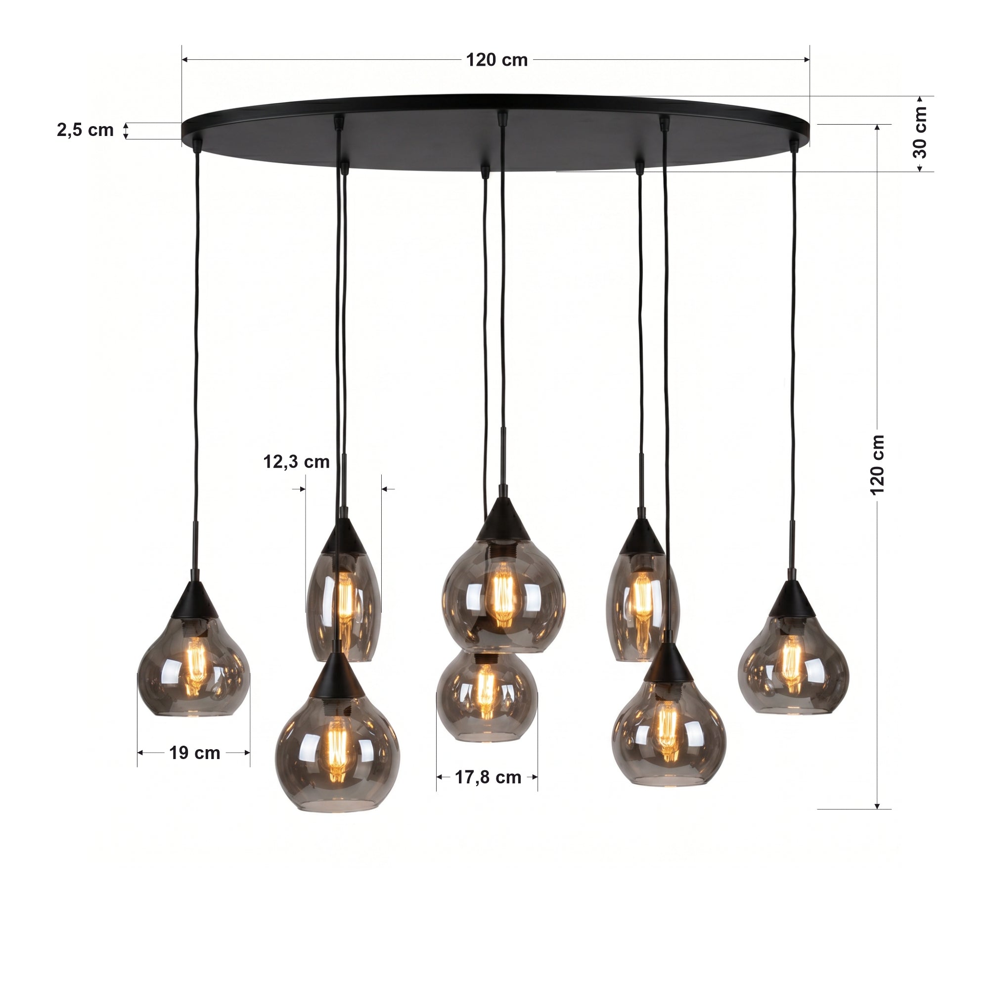 Hanglamp Milly - 8-lichts - Smoke - Glas