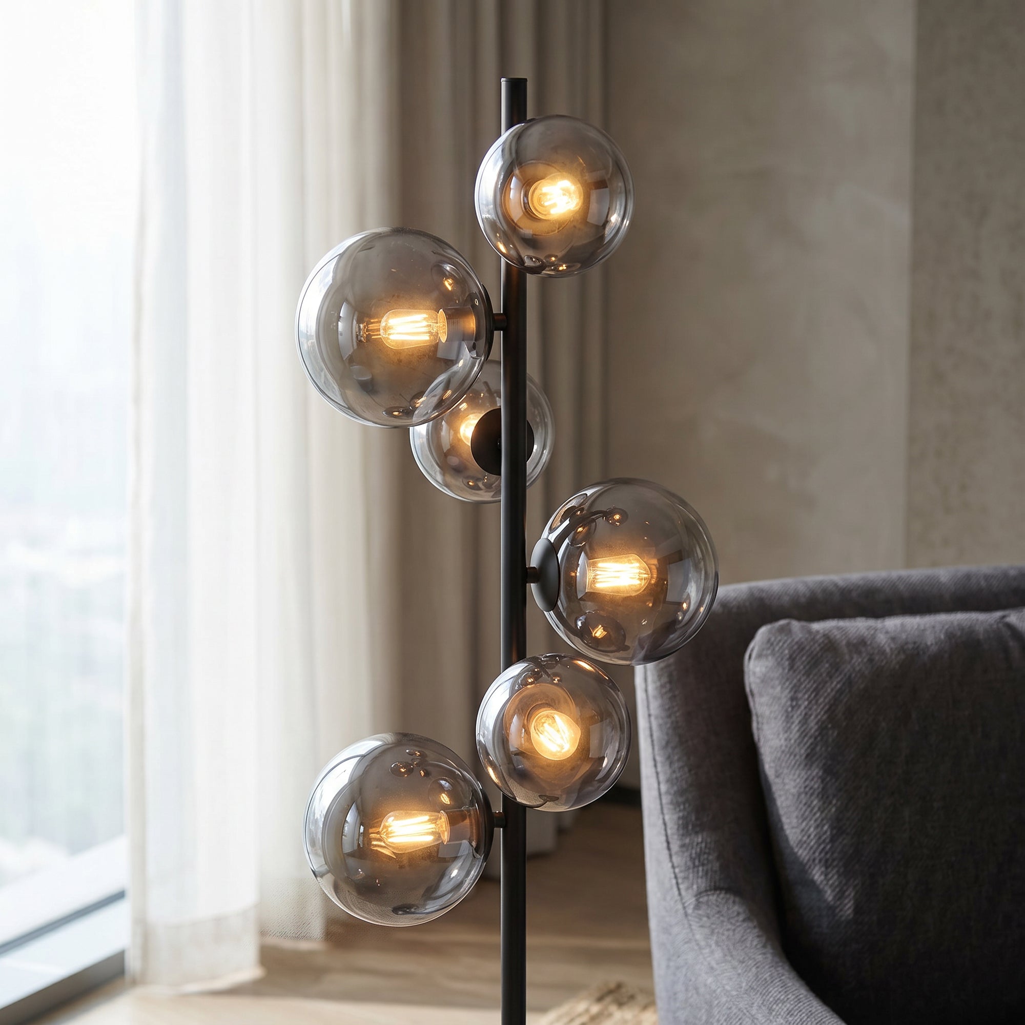 Vloerlamp Novi - 6-lichts - Smoke - Glas - 170 cm