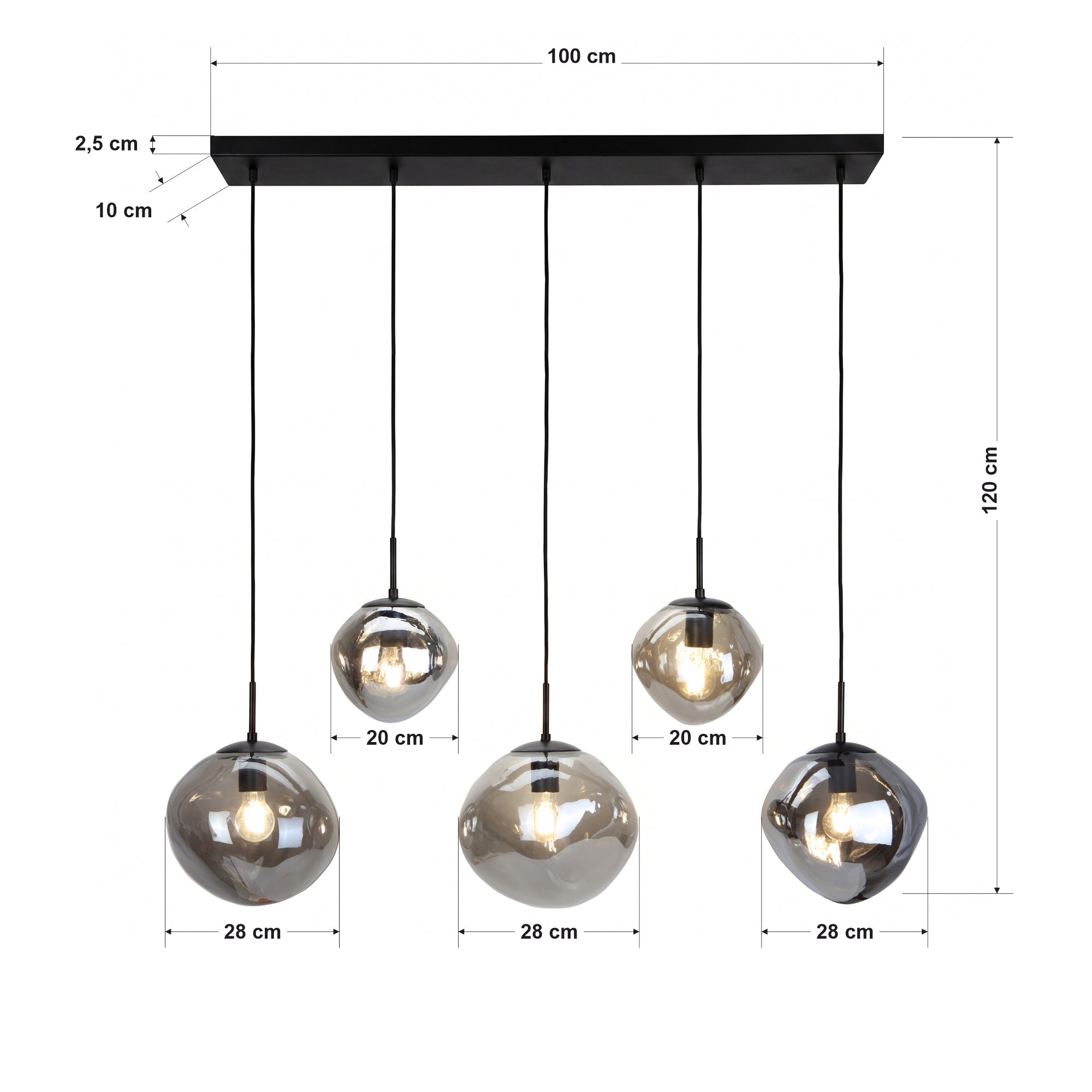 Hanglamp Diora - 5-lichts - Smoke - Glas