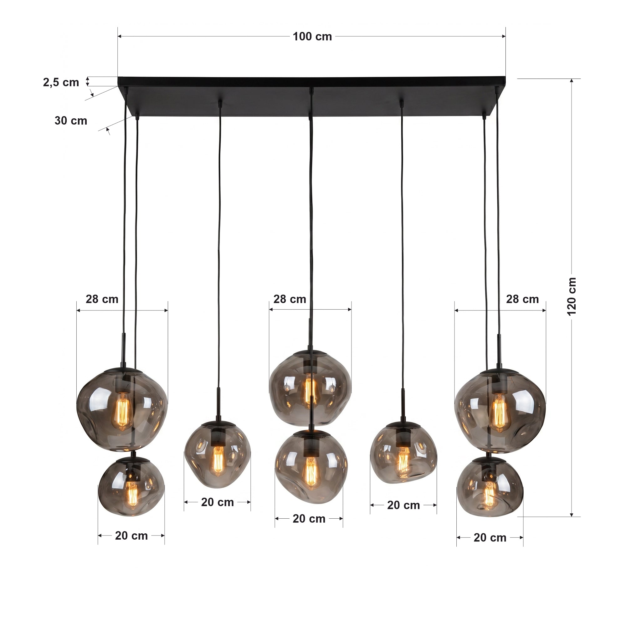 Hanglamp Badoe - 8-lichts - Smoke - Glas