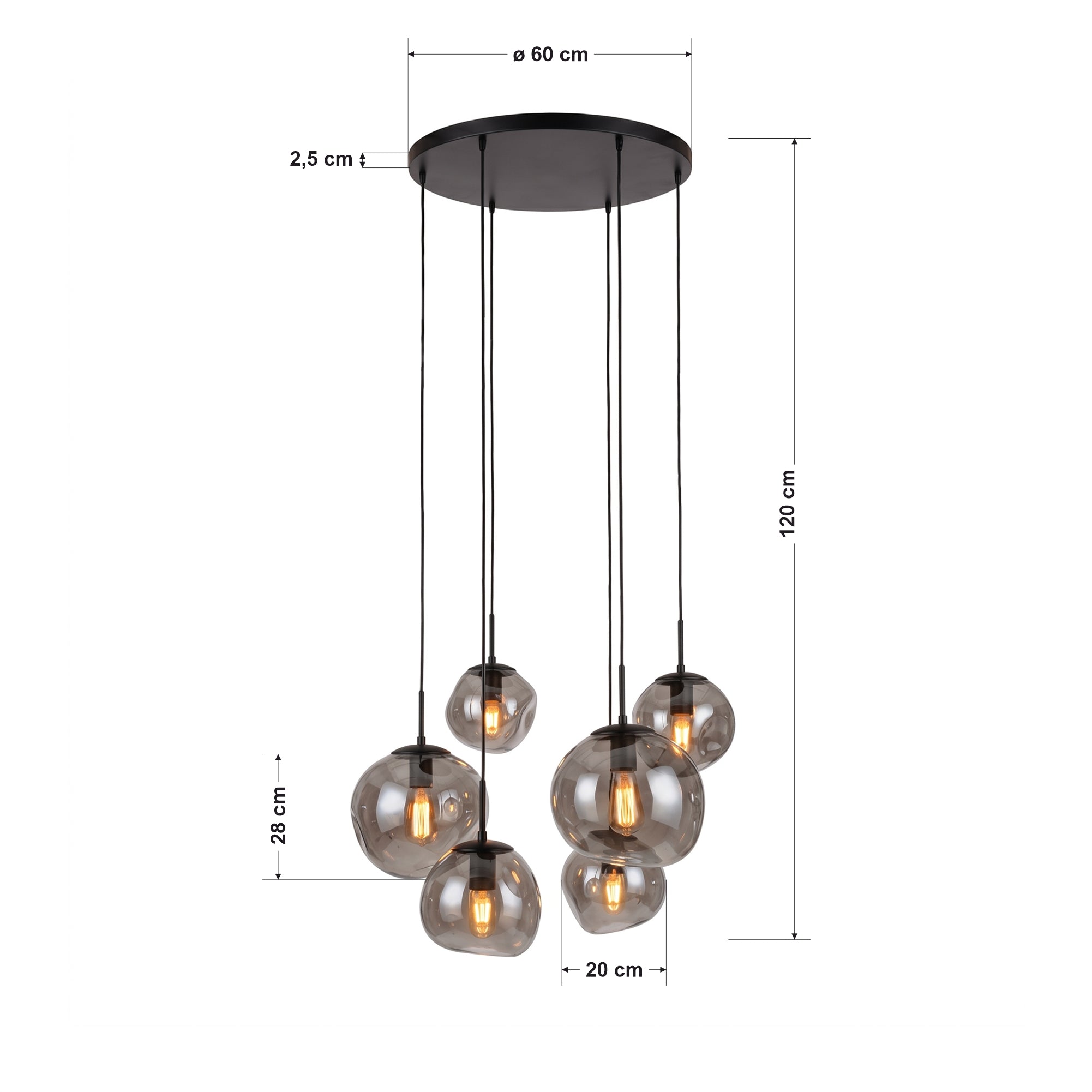 Hanglamp Bello - 6-lichts - Smoke - Glas
