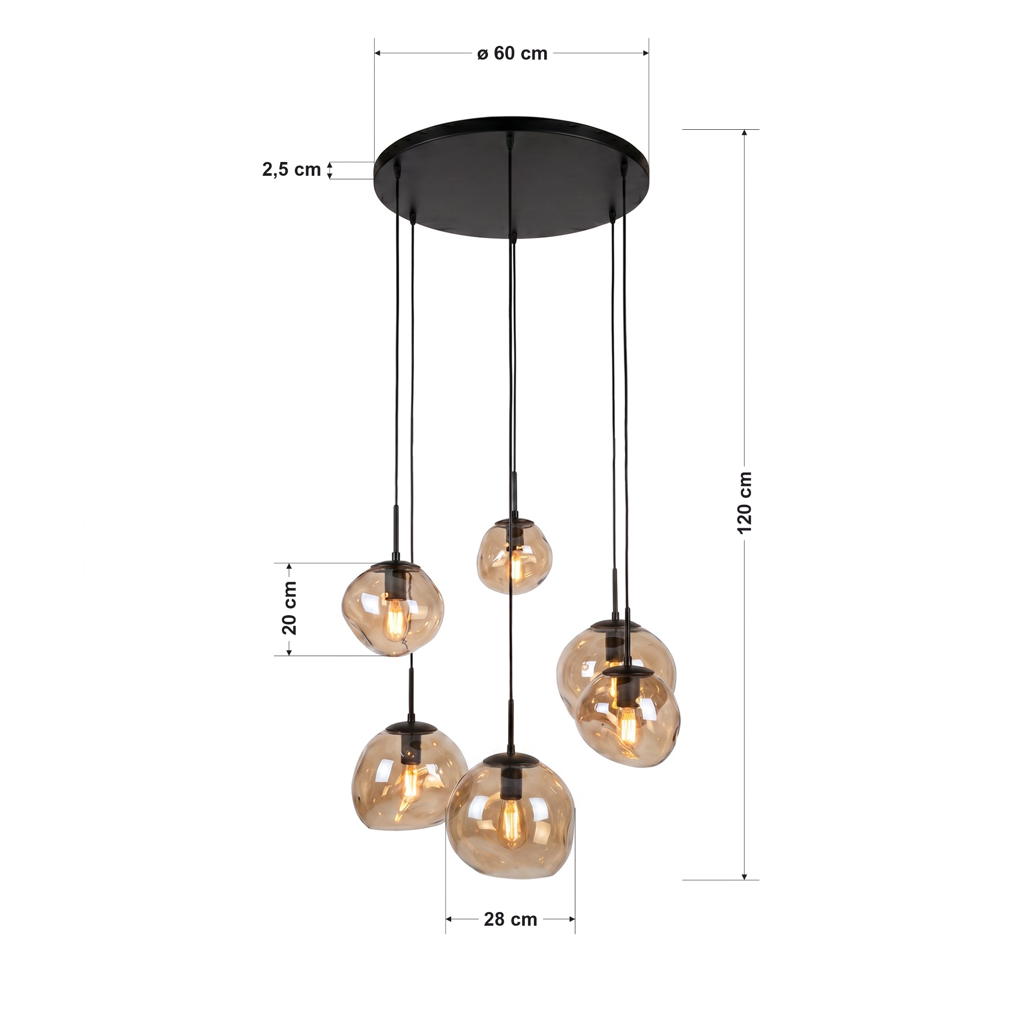 Hanglamp Bello - 6-lichts - Amberkleurig - Glas