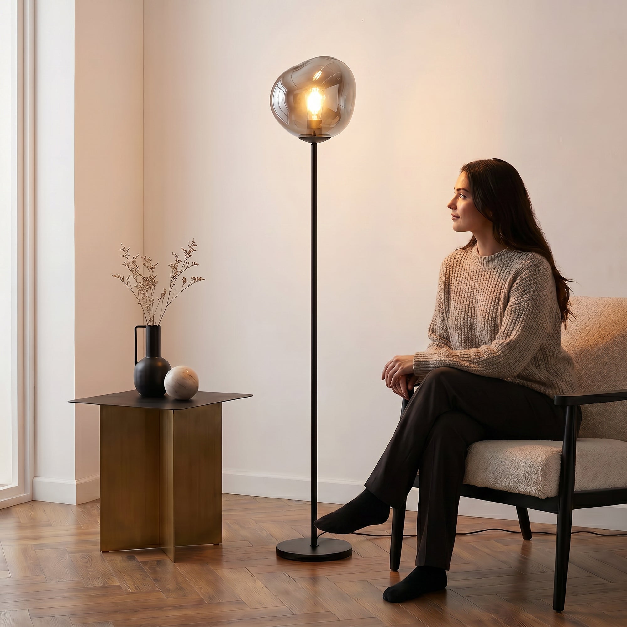 Vloerlamp Badoe - 1-lichts - Smoke - Glas - 170 cm