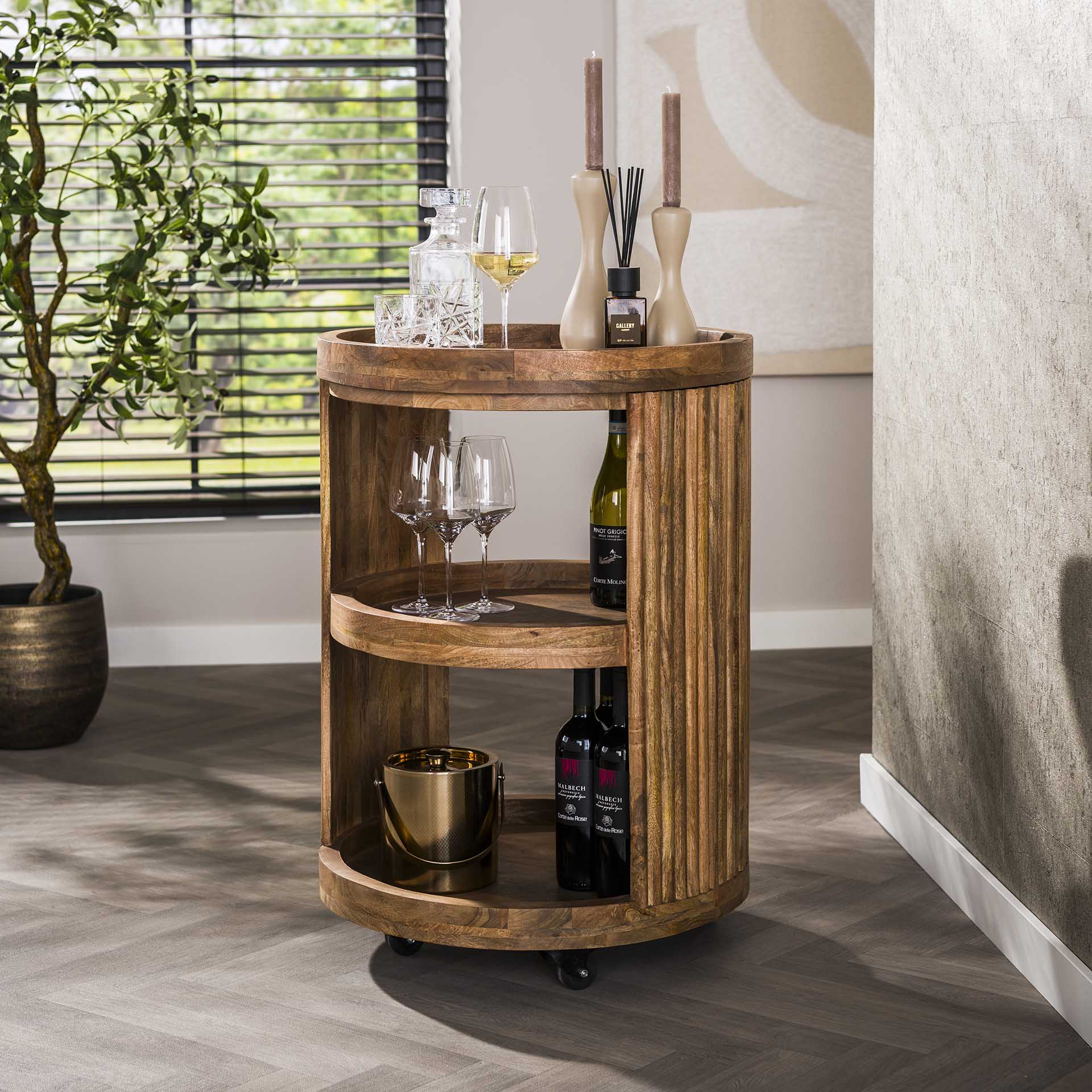 Wijntrolley Merlot - Mangohout - Met Wieltjes