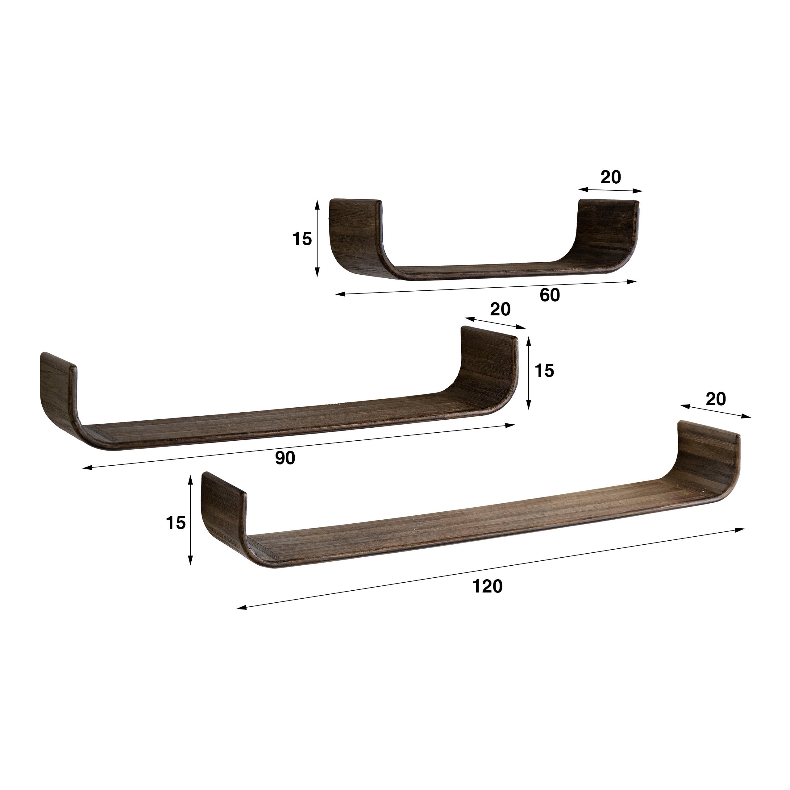 Wandplank Kenya - Donkerbruin - Teakhout - Set van 3
