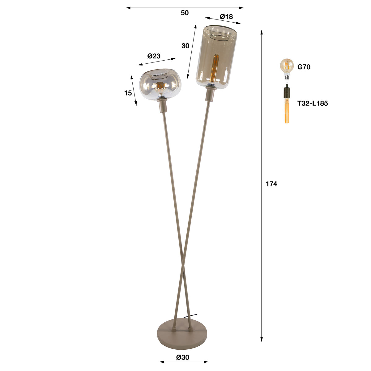 Vloerlamp Avelore - 2-lichts - Beige - Amberglas