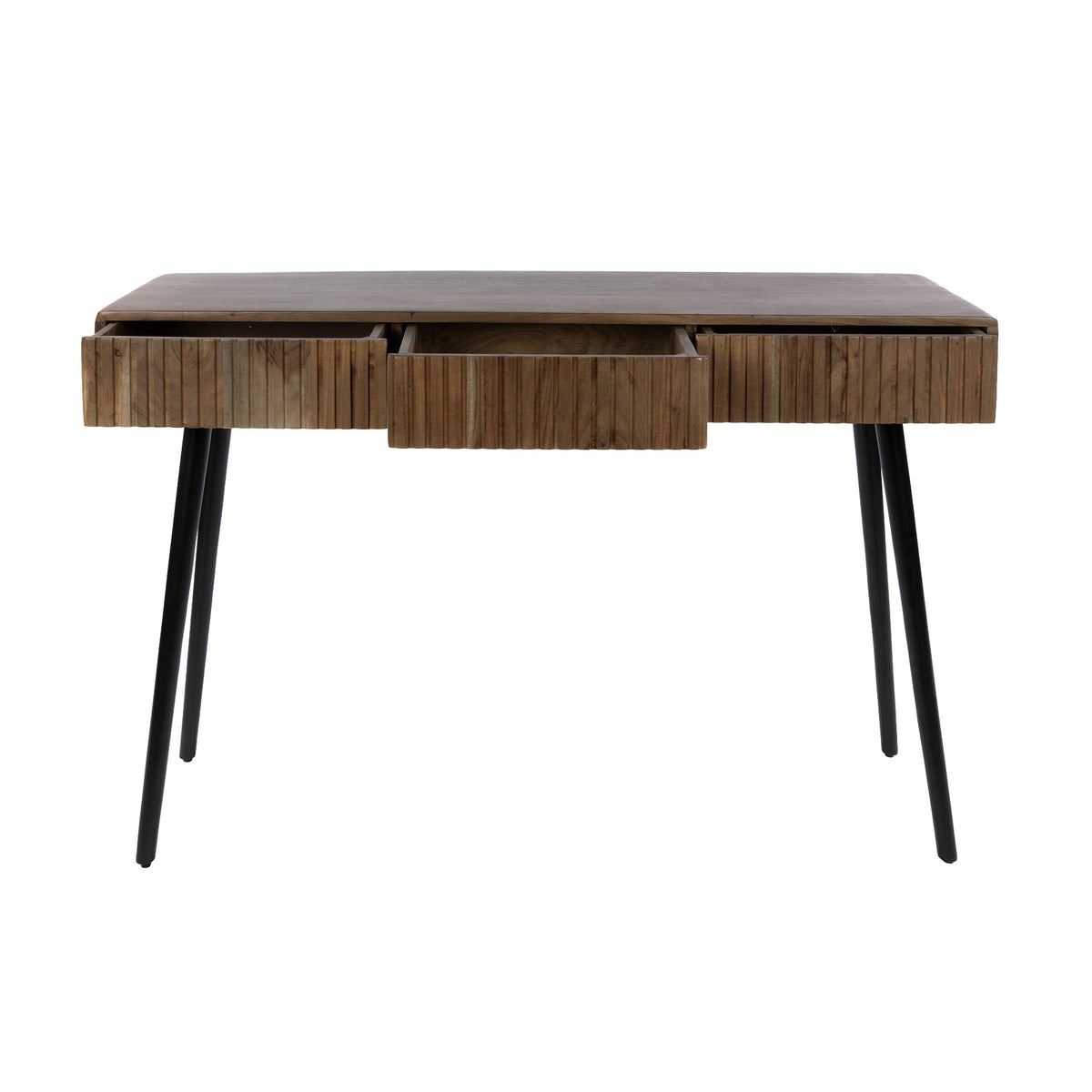 Haltafel Orven van Meubelista met drie geopende lades, tegen een witte achtergrond.