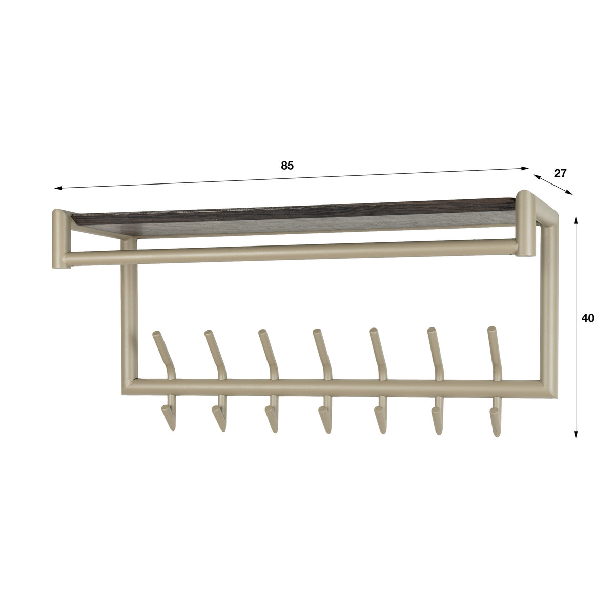 Kapstok Lineo van Meubelista in beige: maattekening met breedte, diepte en hoogte.
