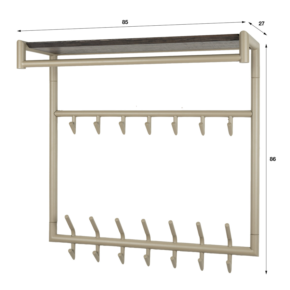 Kapstok Lineo van Meubelista in beige: maattekening met breedte, diepte en hoogte.