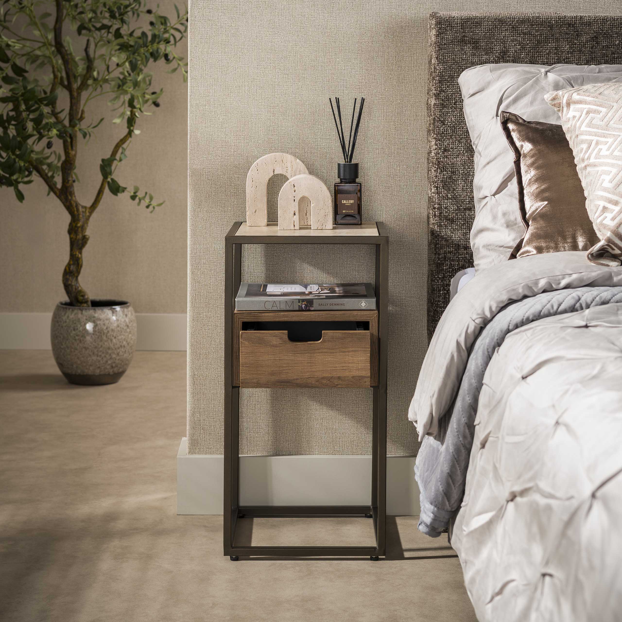 Smal Nachtkastje Mavik - Keramisch Travertin - Staand