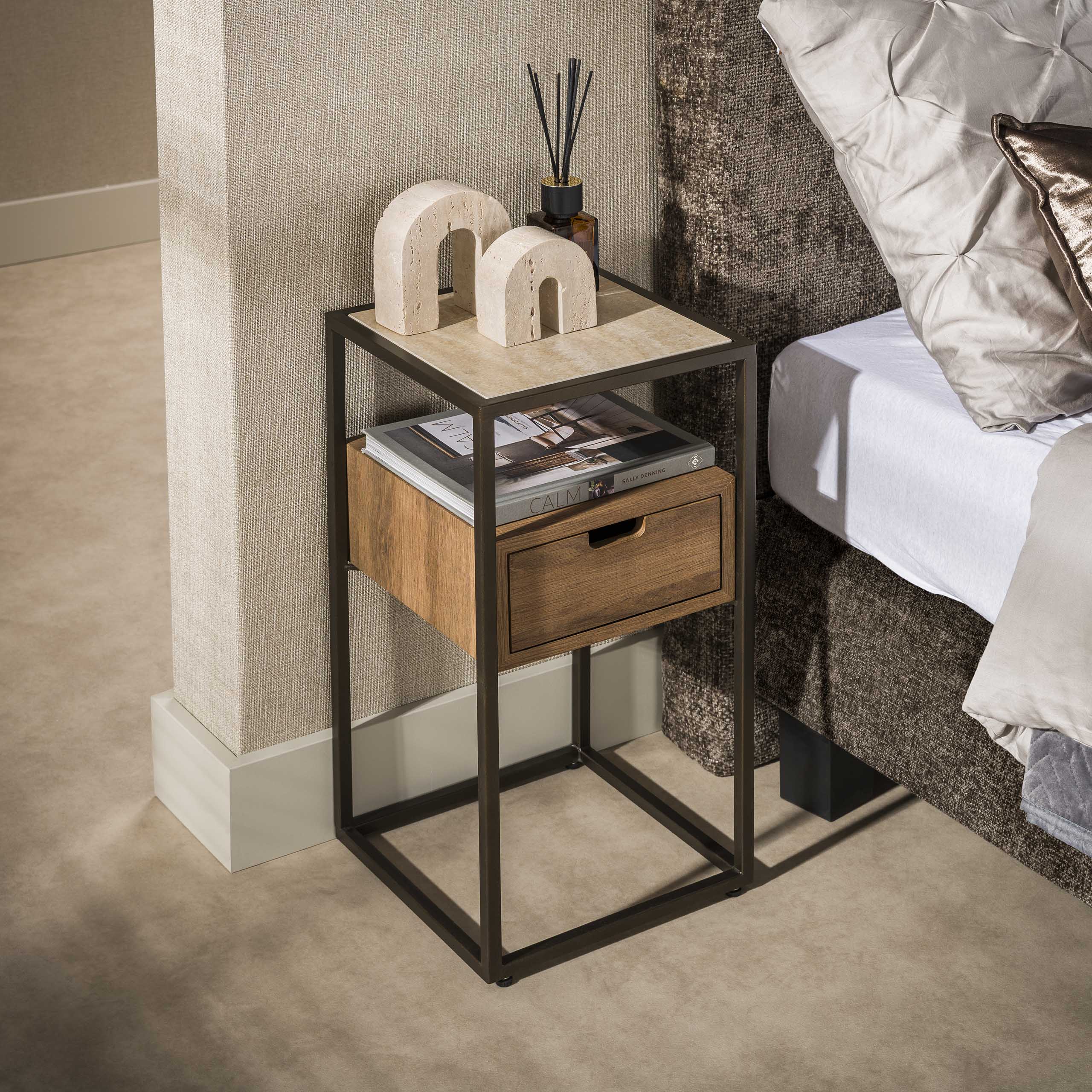 Smal Nachtkastje Mavik - Keramisch Travertin - Staand