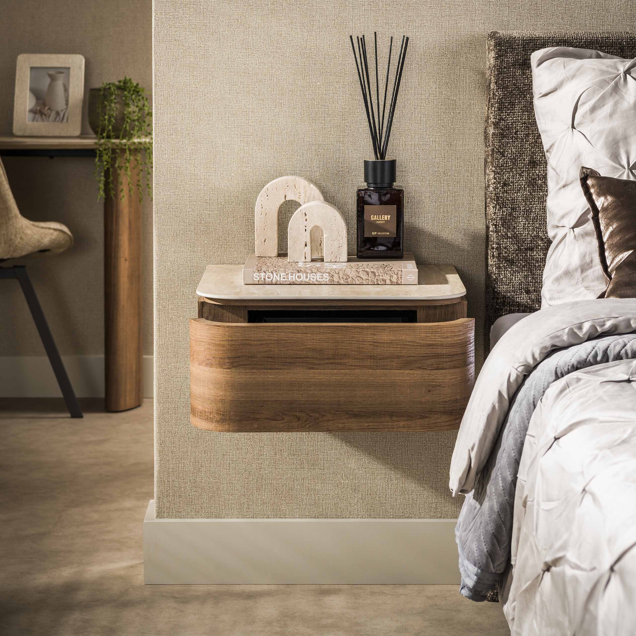 Nachtkastje Elvaro - Keramisch Travertin - Zwevend