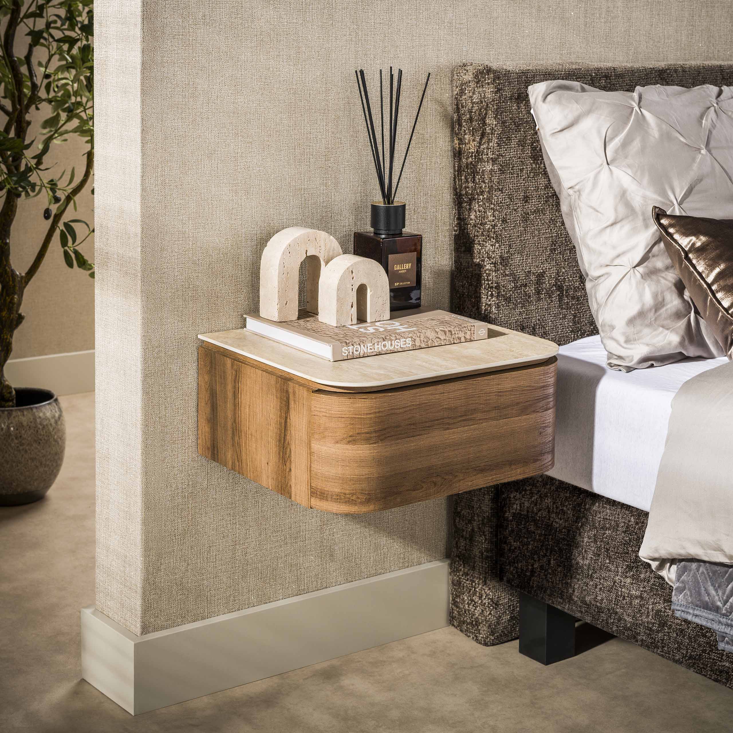 Nachtkastje Elvaro - Keramisch Travertin - Zwevend