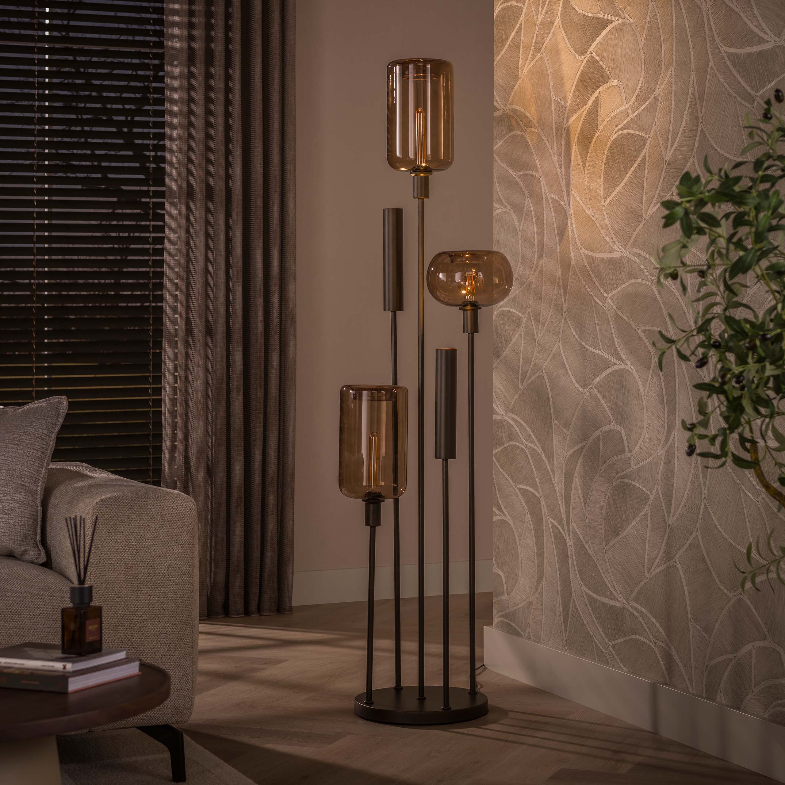 Vloerlamp Avelore - 5-lichts - Brons - Amberglas - Met Spots