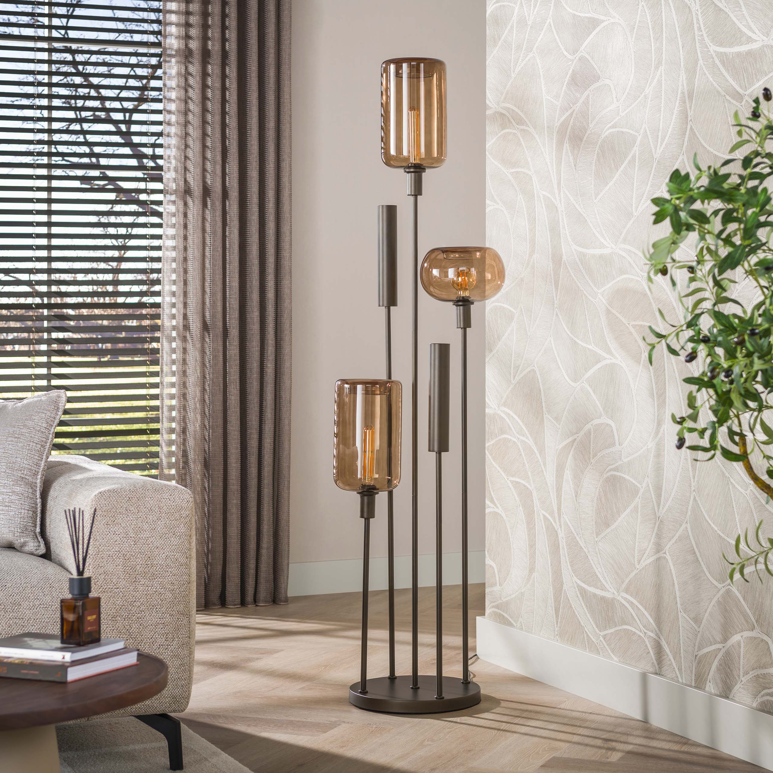 Vloerlamp Avelore - 5-lichts - Brons - Amberglas - Met Spots