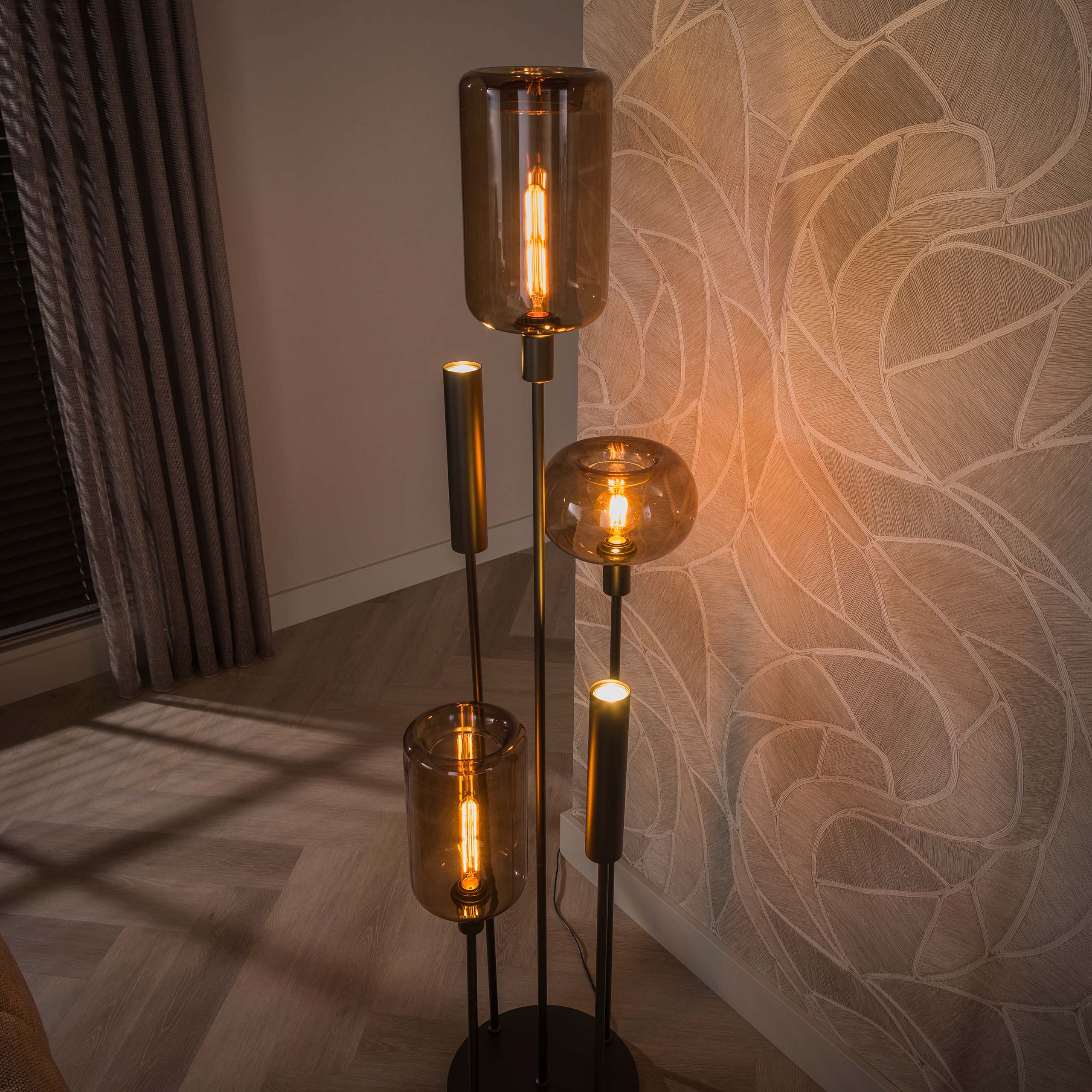 Vloerlamp Avelore - 5-lichts - Brons - Amberglas - Met Spots
