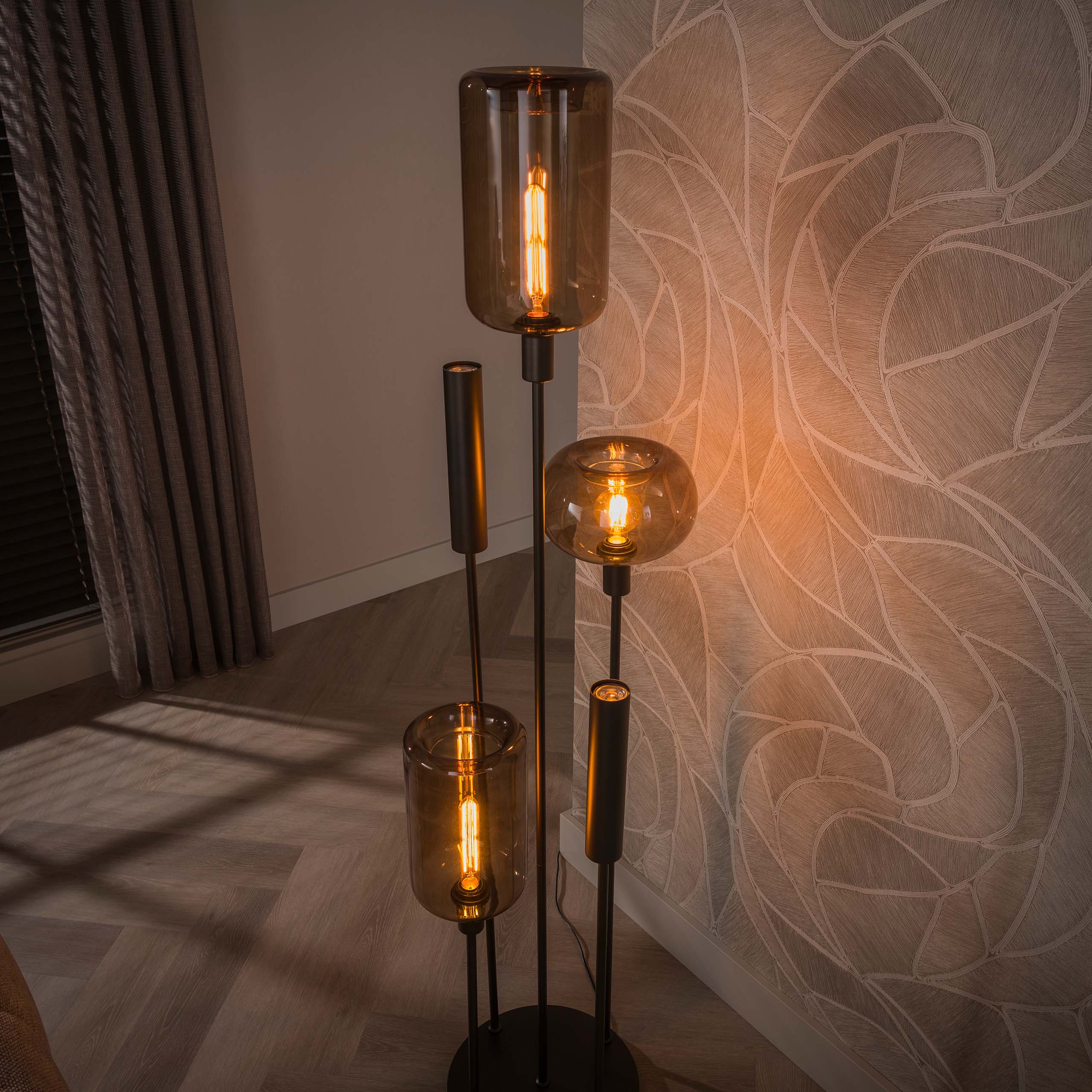 Vloerlamp Avelore - 5-lichts - Brons - Amberglas - Met Spots