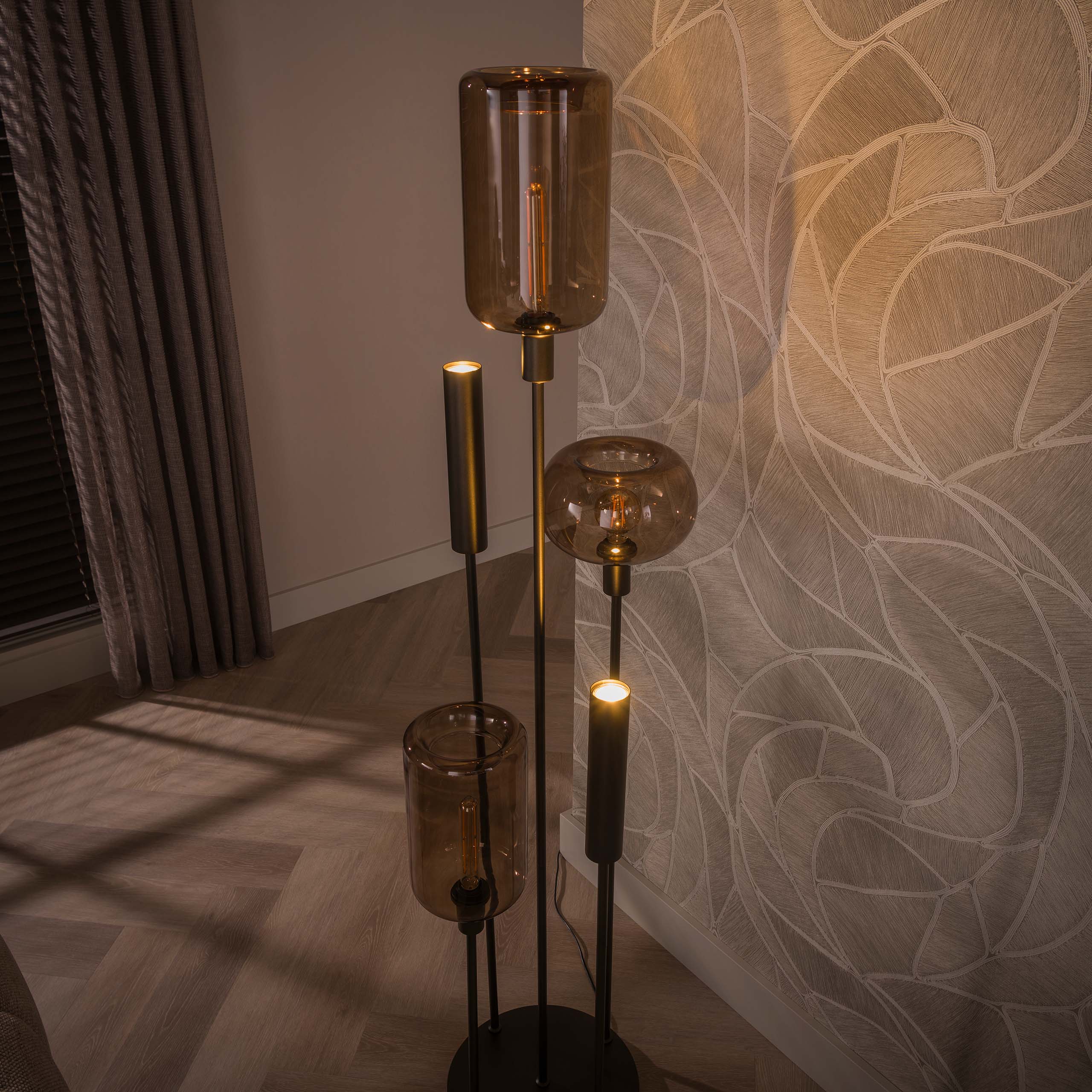 Vloerlamp Avelore - 5-lichts - Brons - Amberglas - Met Spots