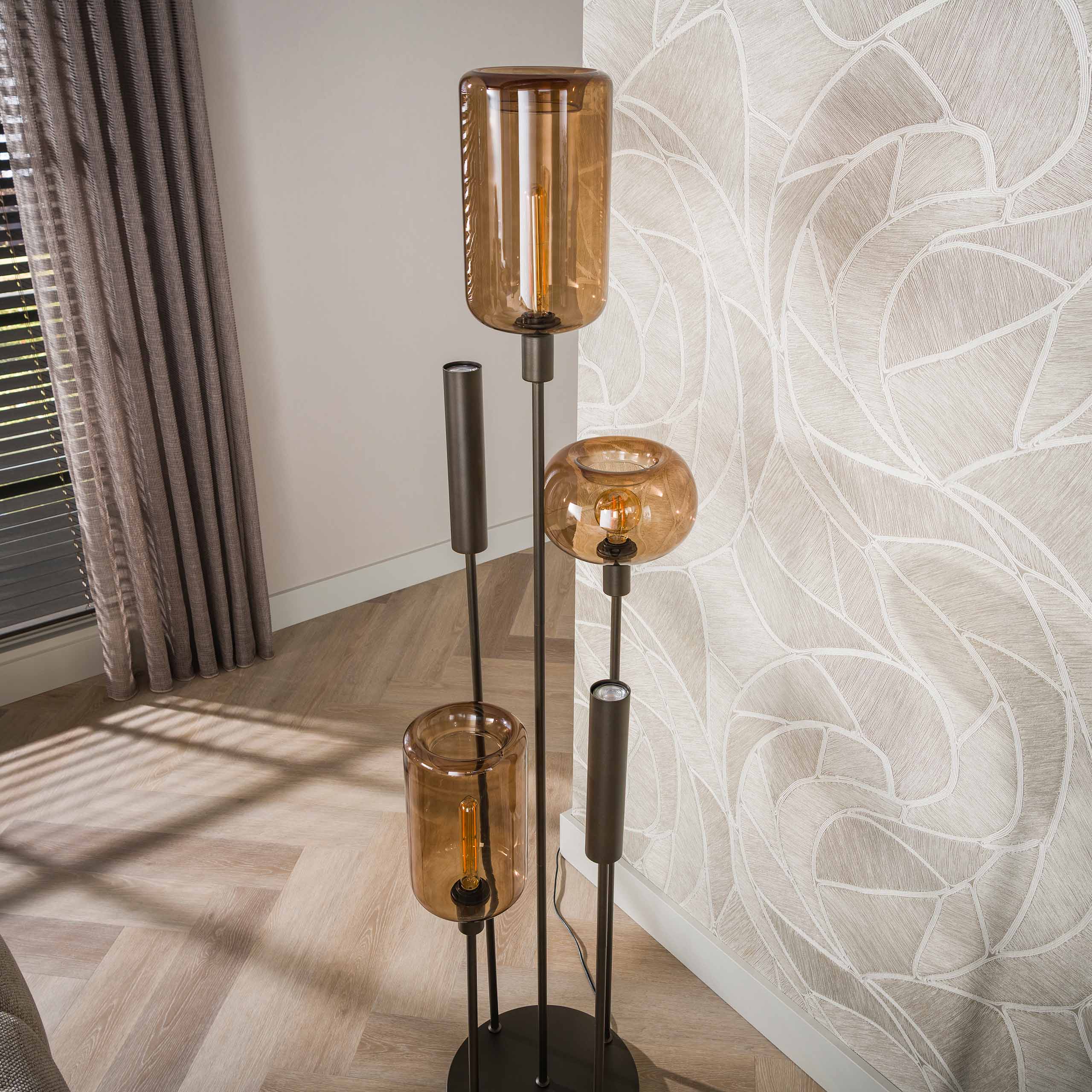 Vloerlamp Avelore - 5-lichts - Brons - Amberglas - Met Spots