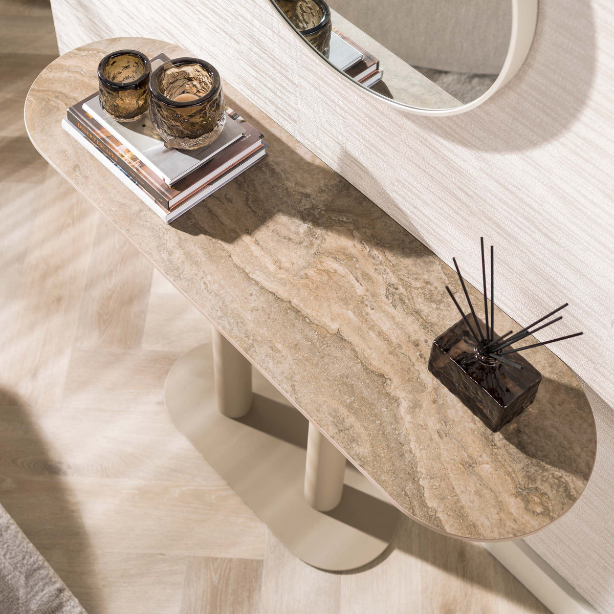 Haltafel Elarin Beige 3D Travertinlook 120 cm aanzicht 2 Meubelista