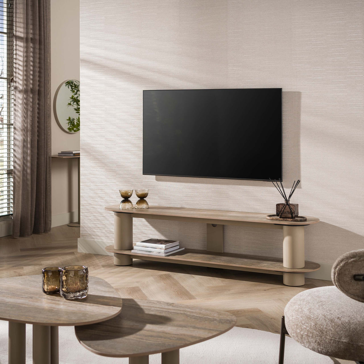 TV-Meubel Darivo Beige 3D Travertinlook 180 cm aanzicht 2 Meubelista