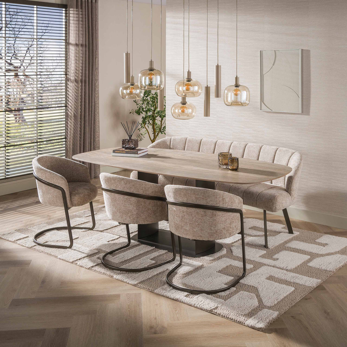 Eettafel Dunela Beige 3D Travertinlook 215 cm Deens Ovaal sfeerfoto Meubelista