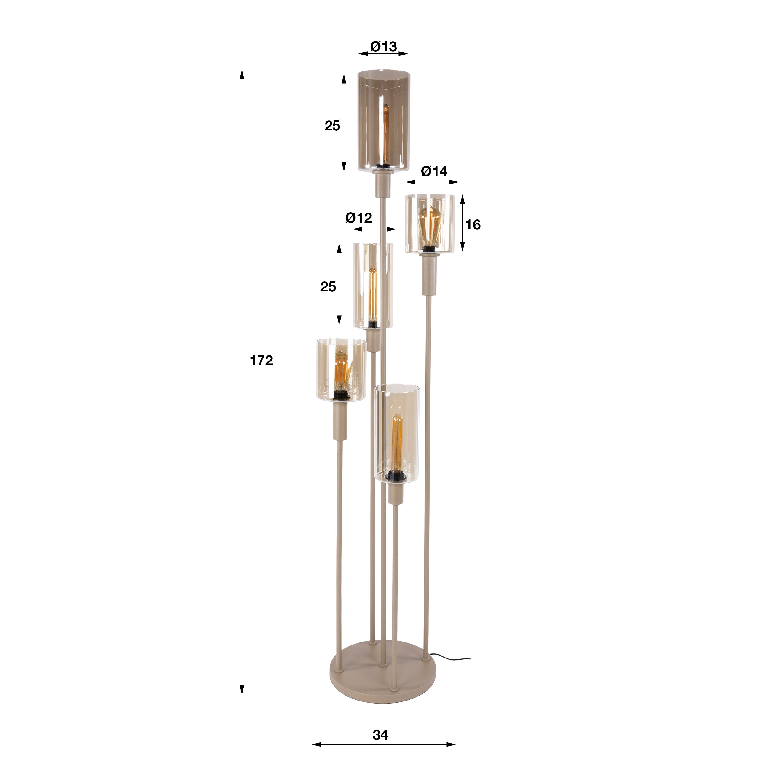 Vloerlamp Lucaro - 5-lichts - Beige - Amberglas