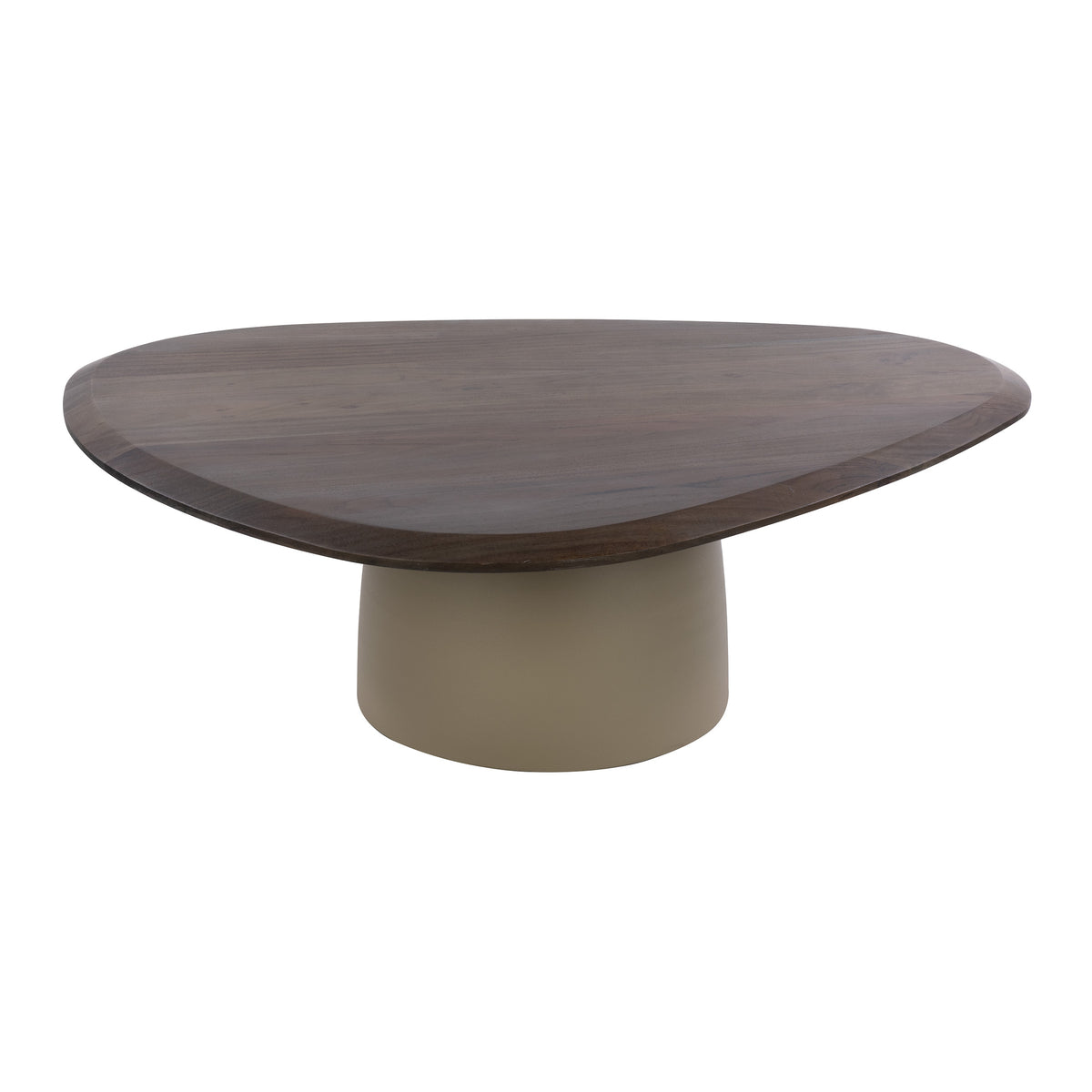 Vooraanzicht van salontafel Norell van Meubelista met bruin driehoekig blad en beige voet.