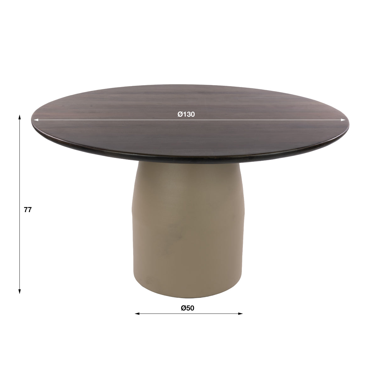 Eettafel Norell van Meubelista in beige: maattekening met diameter en hoogte.