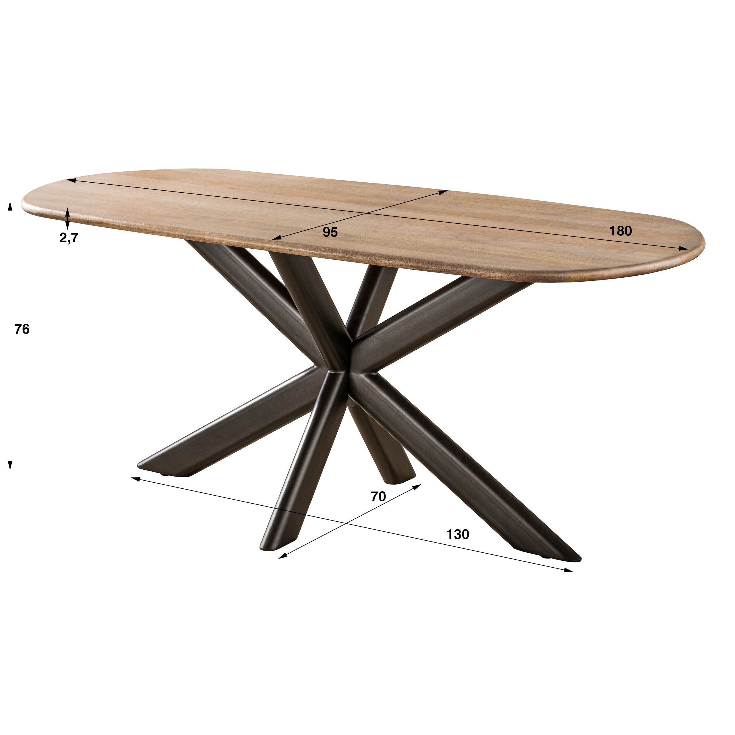 Eettafel Cavaro - Bruin - Mangohout - 180 cm - Deens Ovaal