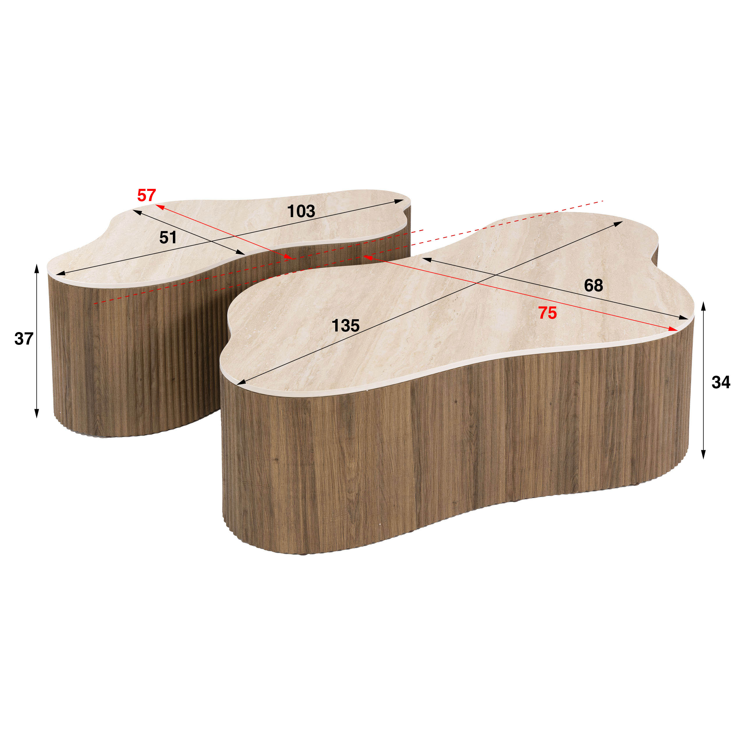 Salontafel Miyu - Japandi - Organisch - Keramisch Travertin - Set van 2