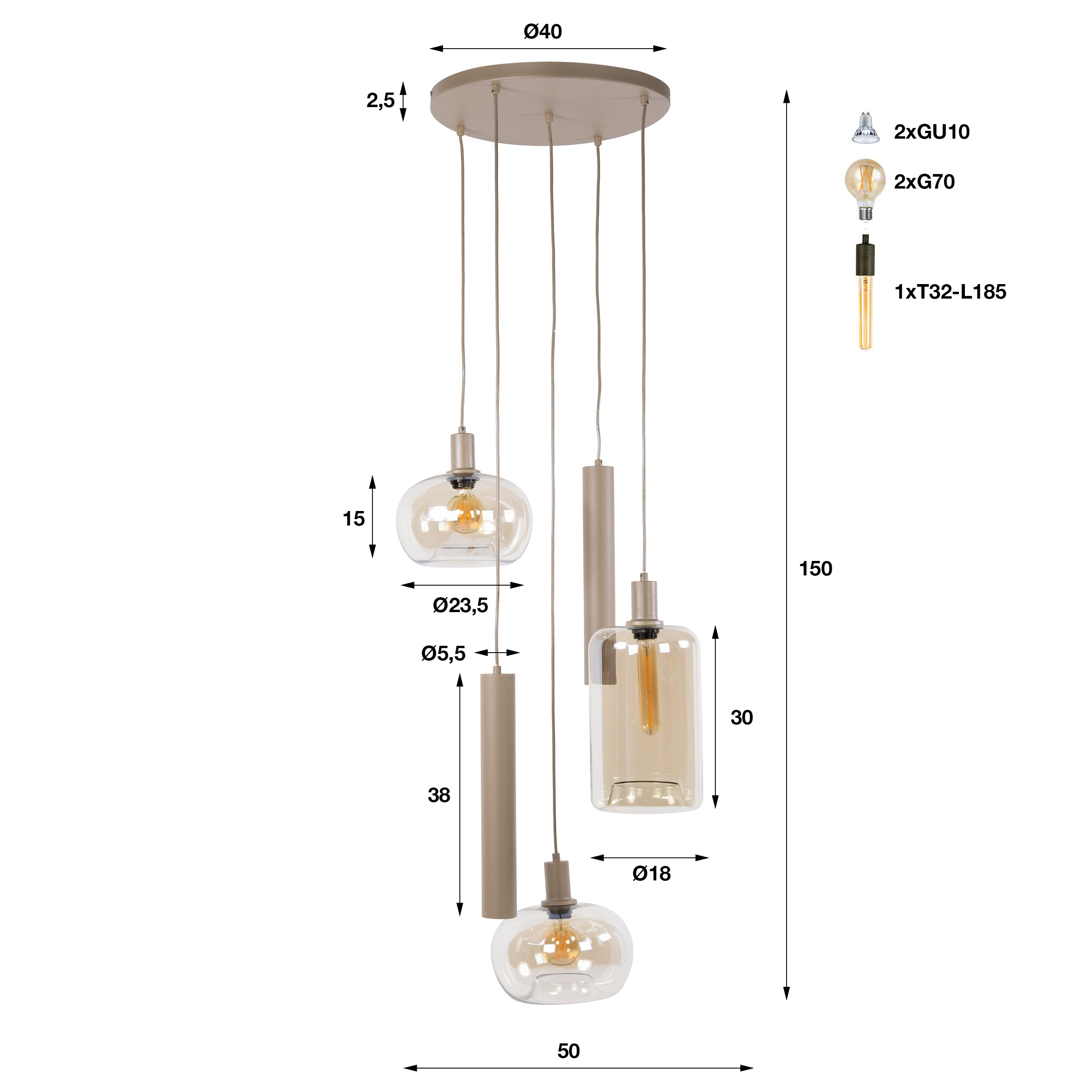 Hanglamp Avelore - 5-lichts - Beige - Amberglas - Getrapt - Met Spots