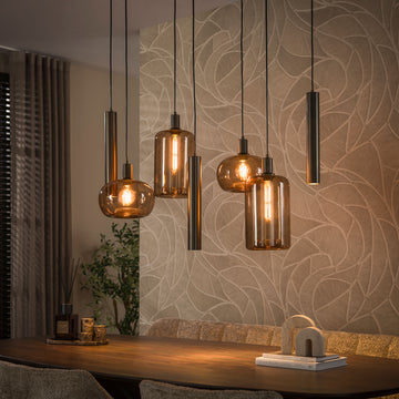 Hanglamp Avelore - 7-lichts - Brons - Amberglas - Met Spots