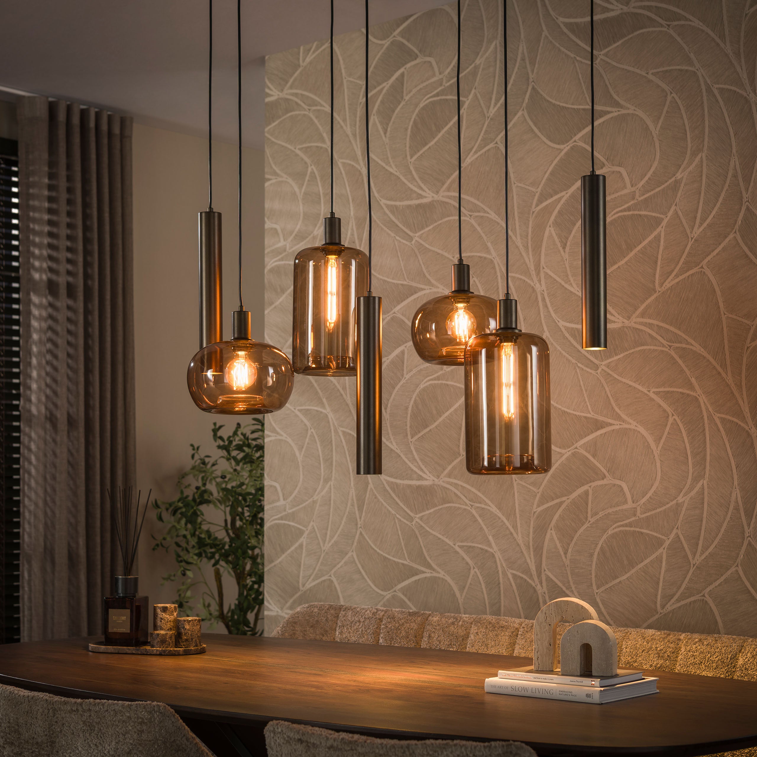 Hanglamp Avelore - 7-lichts - Brons - Amberglas - Met Spots