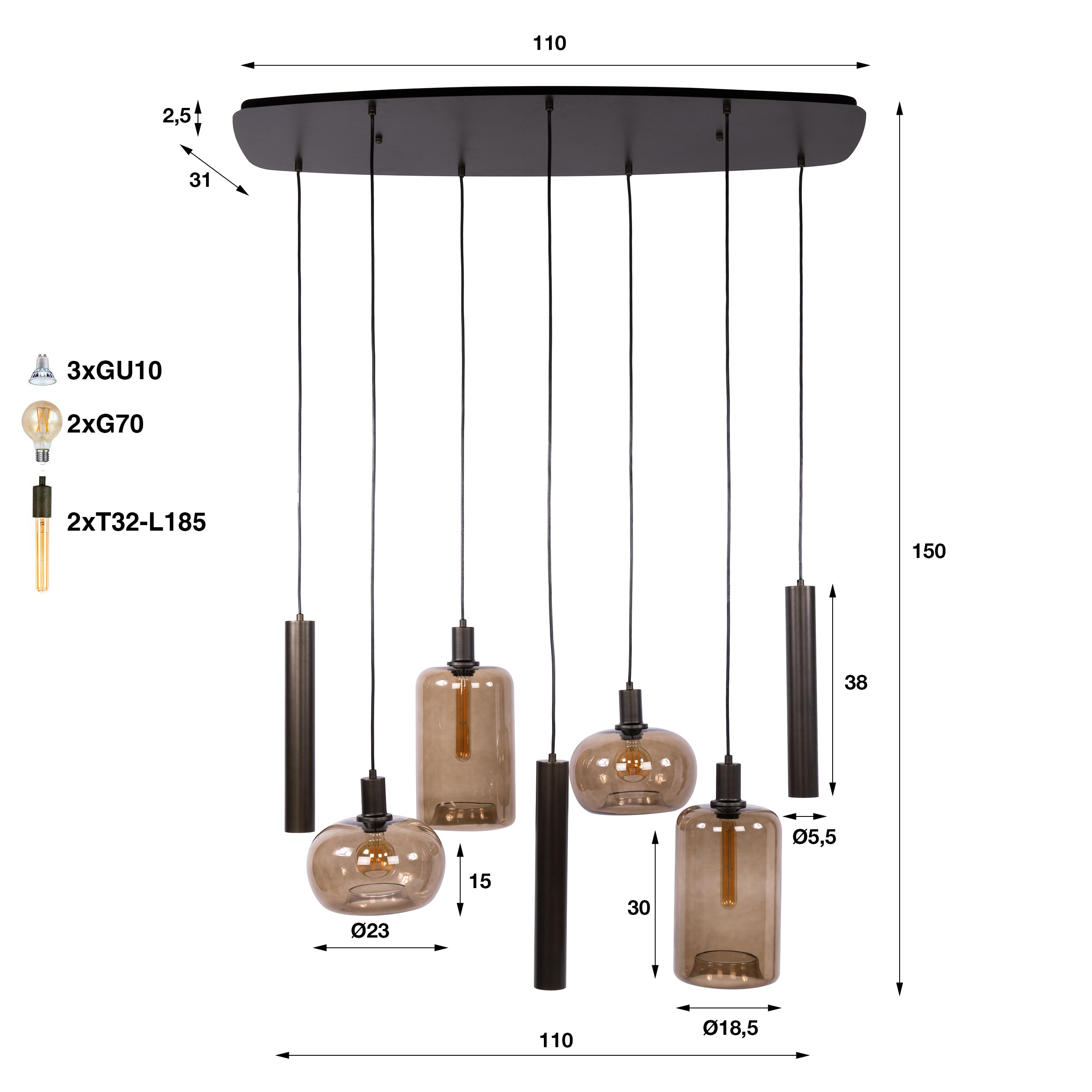 Hanglamp Avelore - 7-lichts - Brons - Amberglas - Met Spots