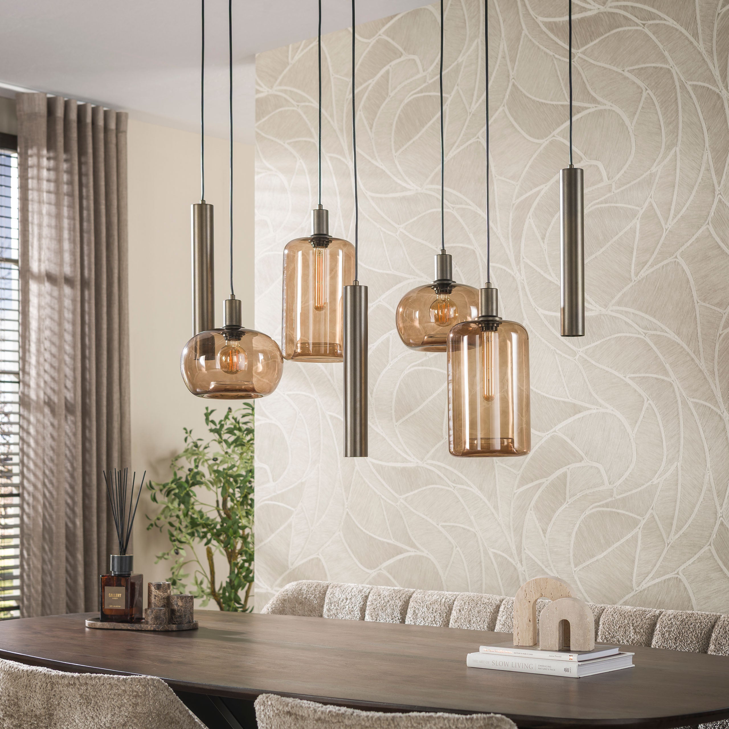 Hanglamp Avelore - 7-lichts - Brons - Amberglas - Met Spots