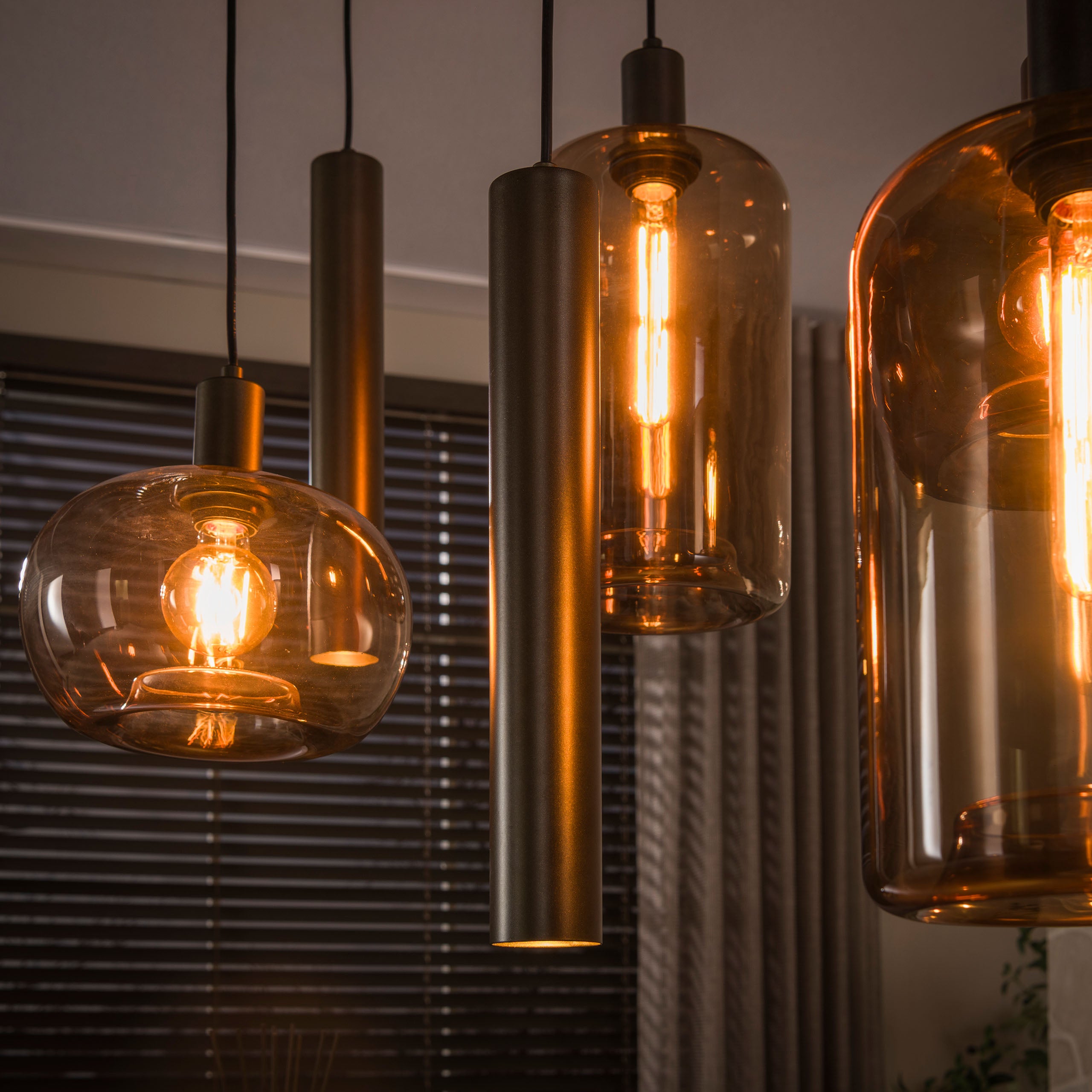 Hanglamp Avelore - 7-lichts - Brons - Amberglas - Met Spots