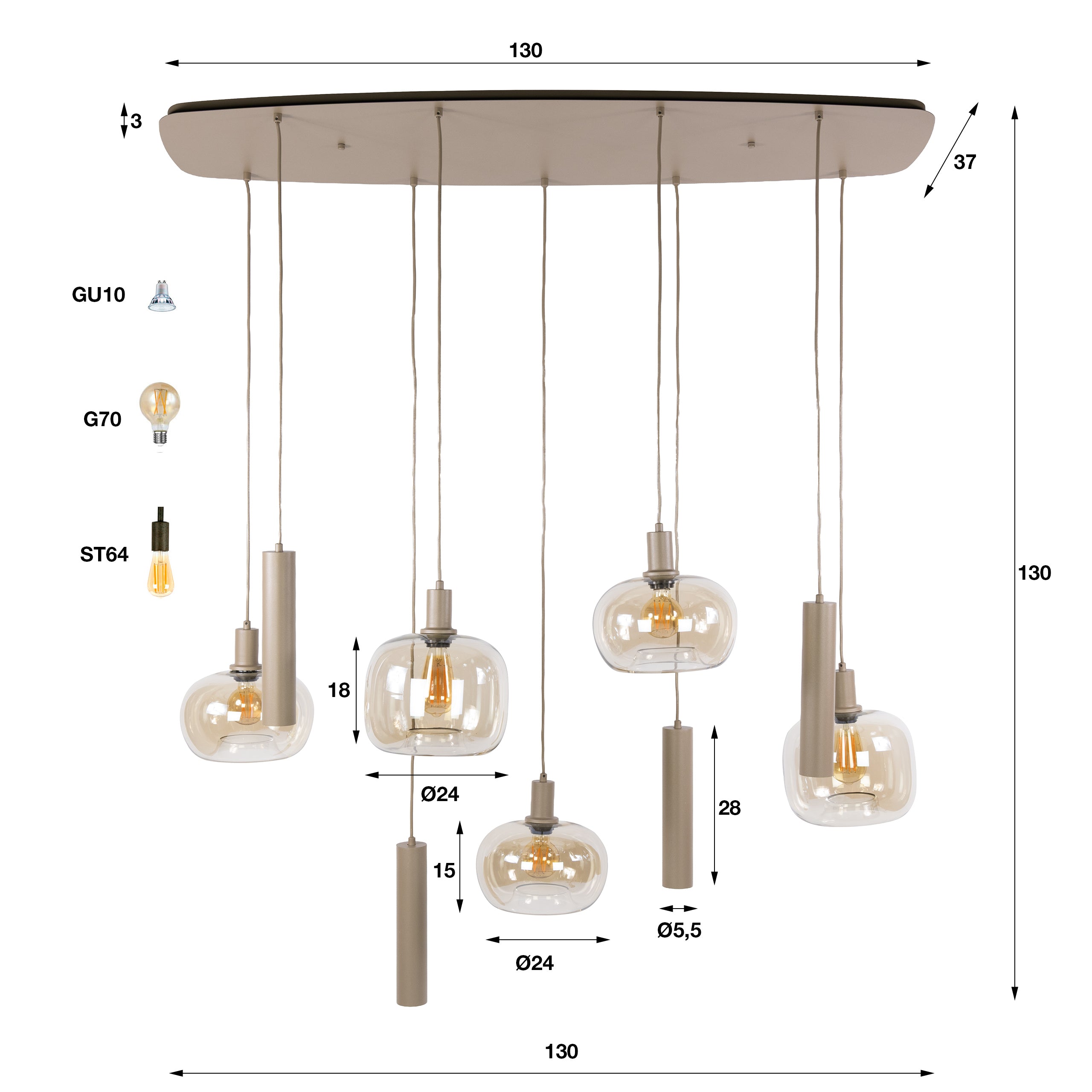 Hanglamp Avelore - 9-lichts - Beige - Amberglas - Met Spots