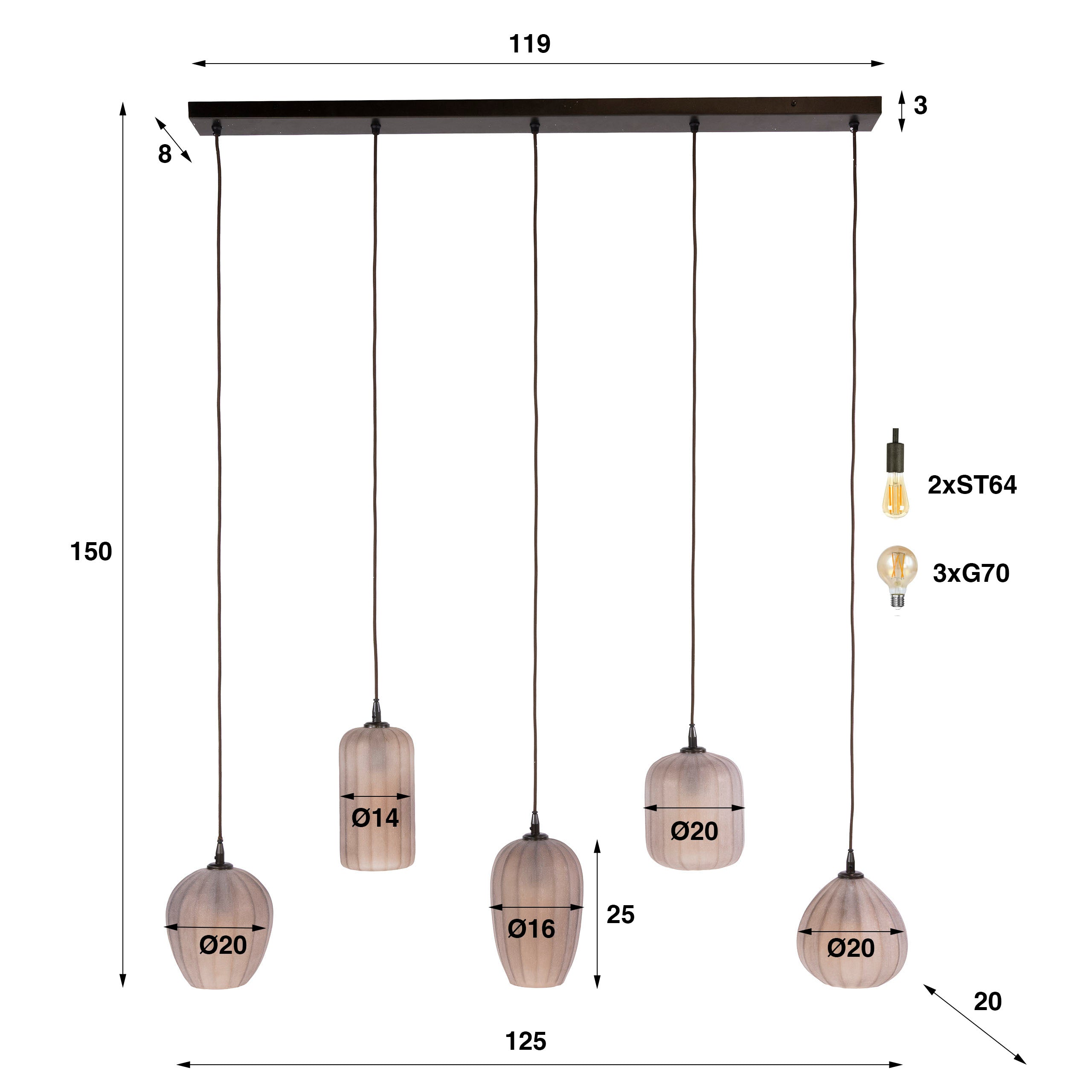 Hanglamp Elyra - 5-lichts - Frosted Bruin - Matglas