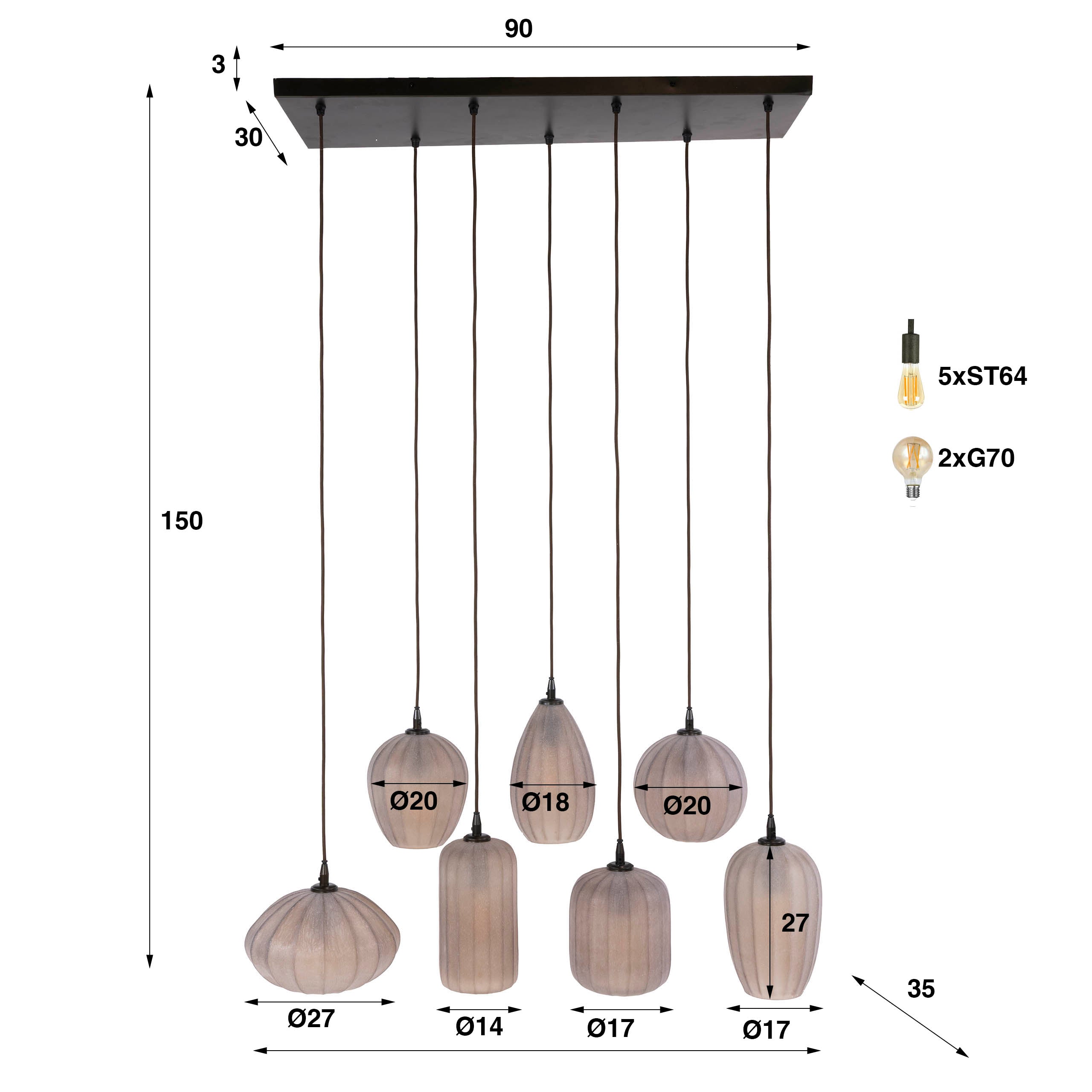 Hanglamp Elyra - 7-lichts - Frosted Bruin - Matglas