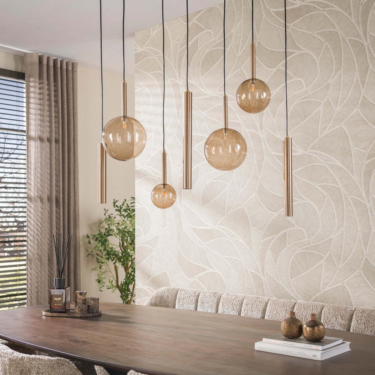 Hanglamp Marella 7-lichts Brons Amberglas Met Spots aanzicht 2 Meubelista
