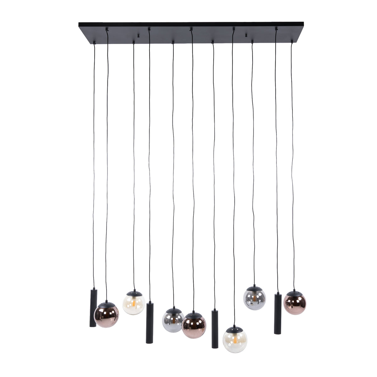 Hanglamp Ovio van Meubelista in zwart: productbeeld van zes glazen bollen en vijf spots.