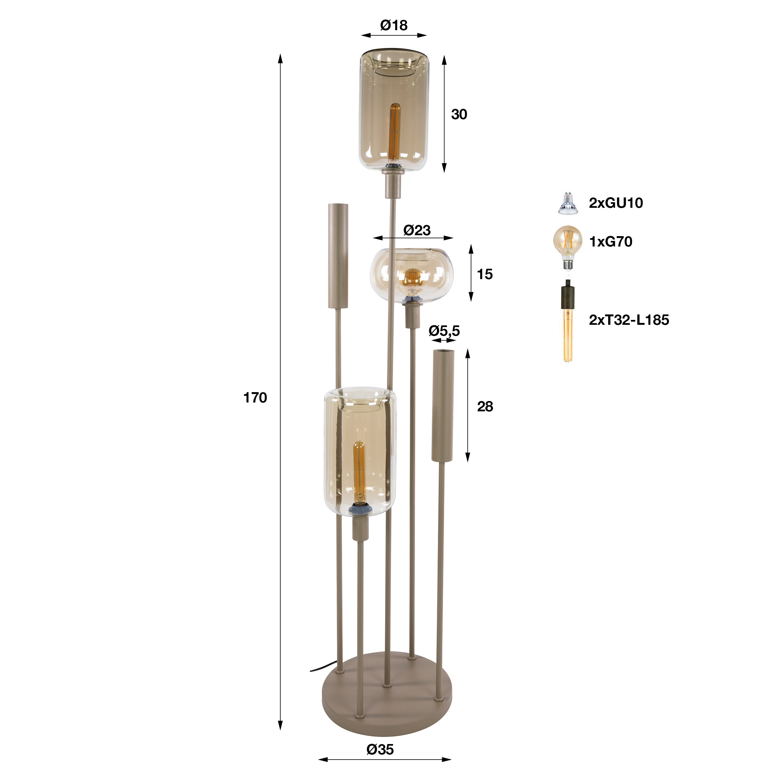Vloerlamp Avelore - 5-lichts - Beige - Amberglas - Met Spots