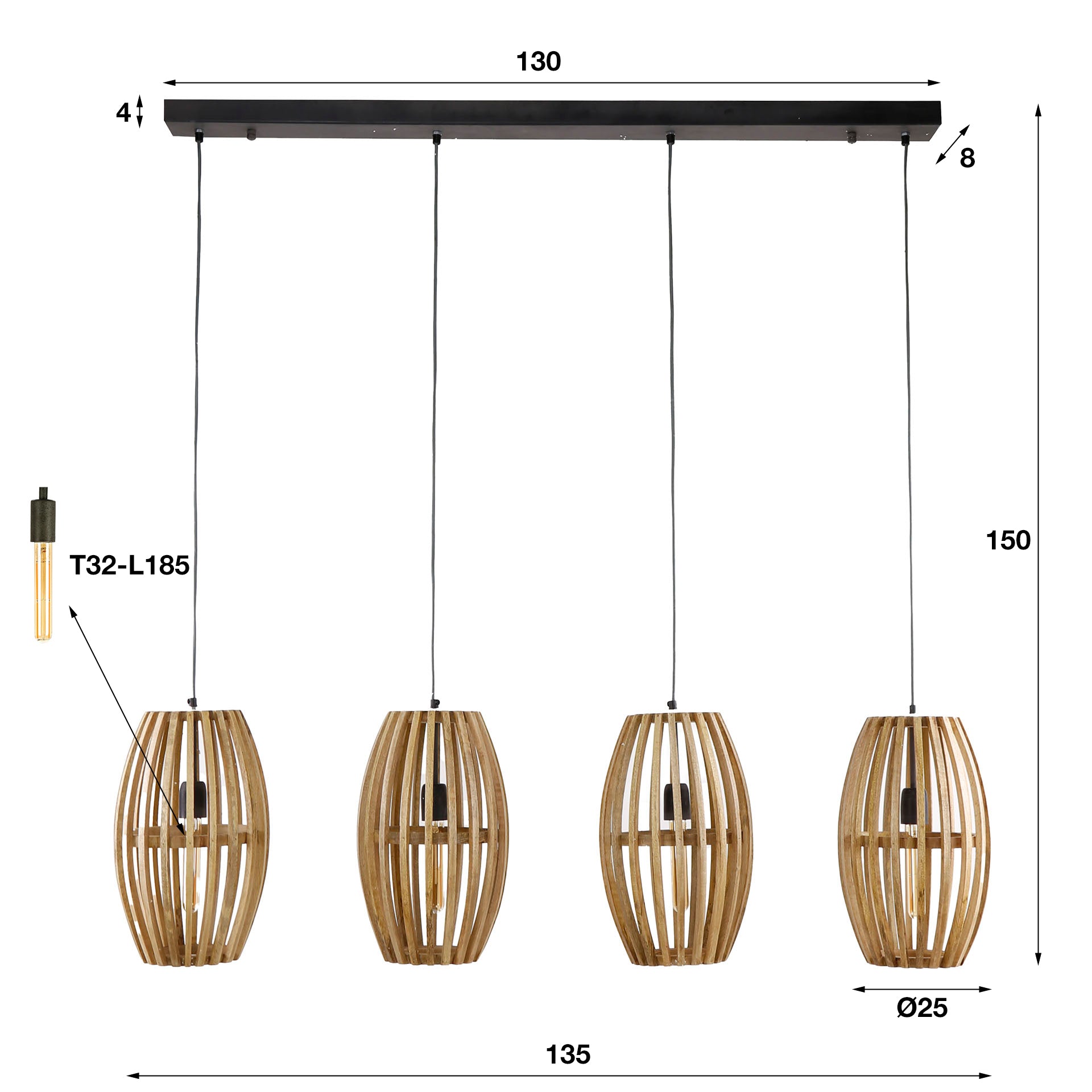 Hanglamp Bruno - 4-lichts - Lichtbruin - Mangohout