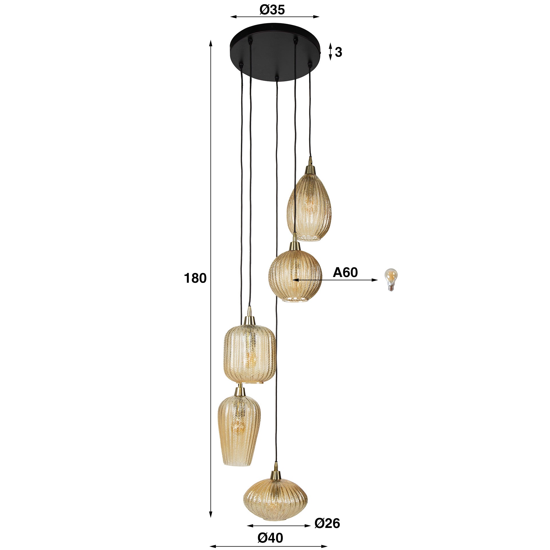 Hanglamp Aura - 5-lichts - Amberkleurig - Glas