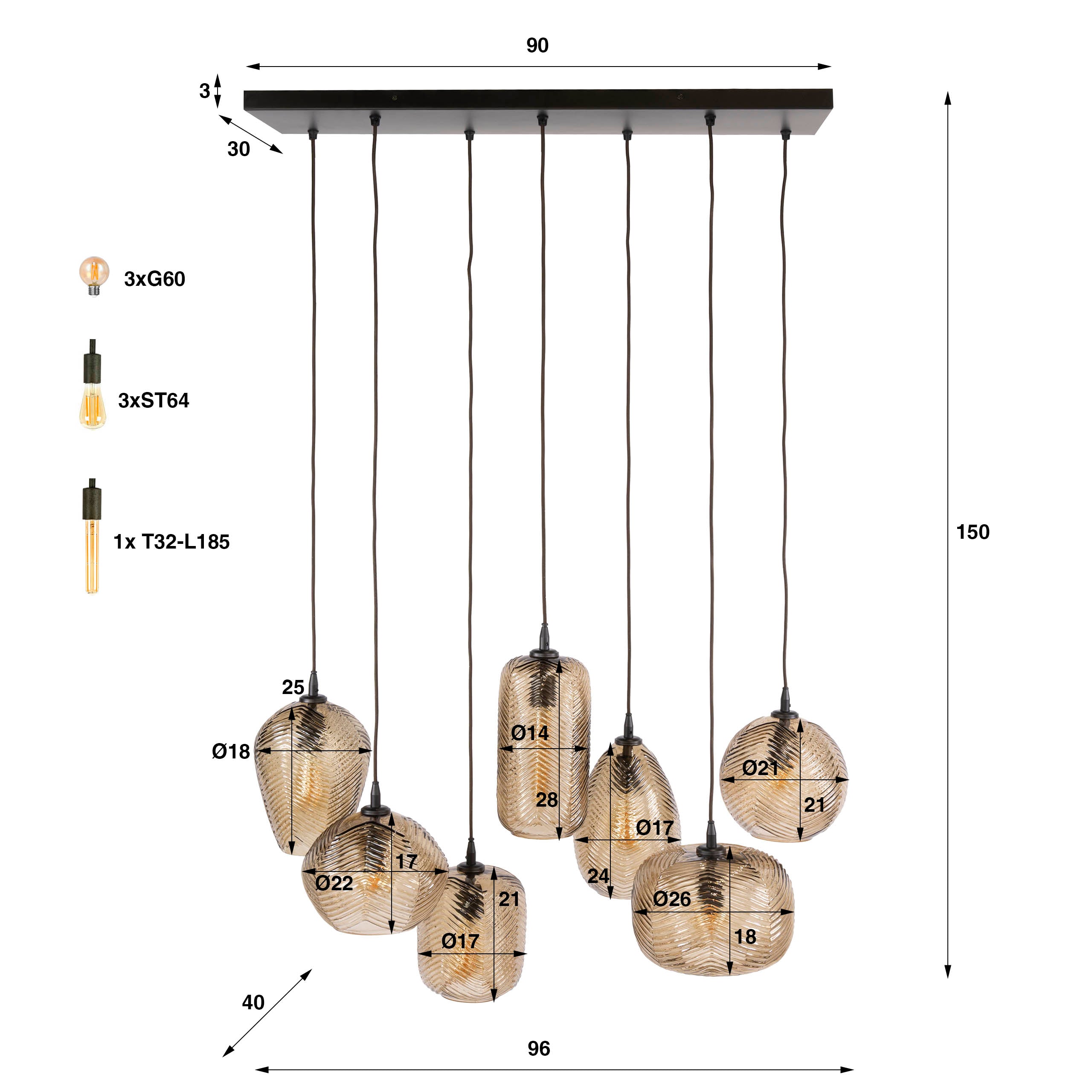 Hanglamp Eluma - 7-lichts - Amberkleurig - Glas