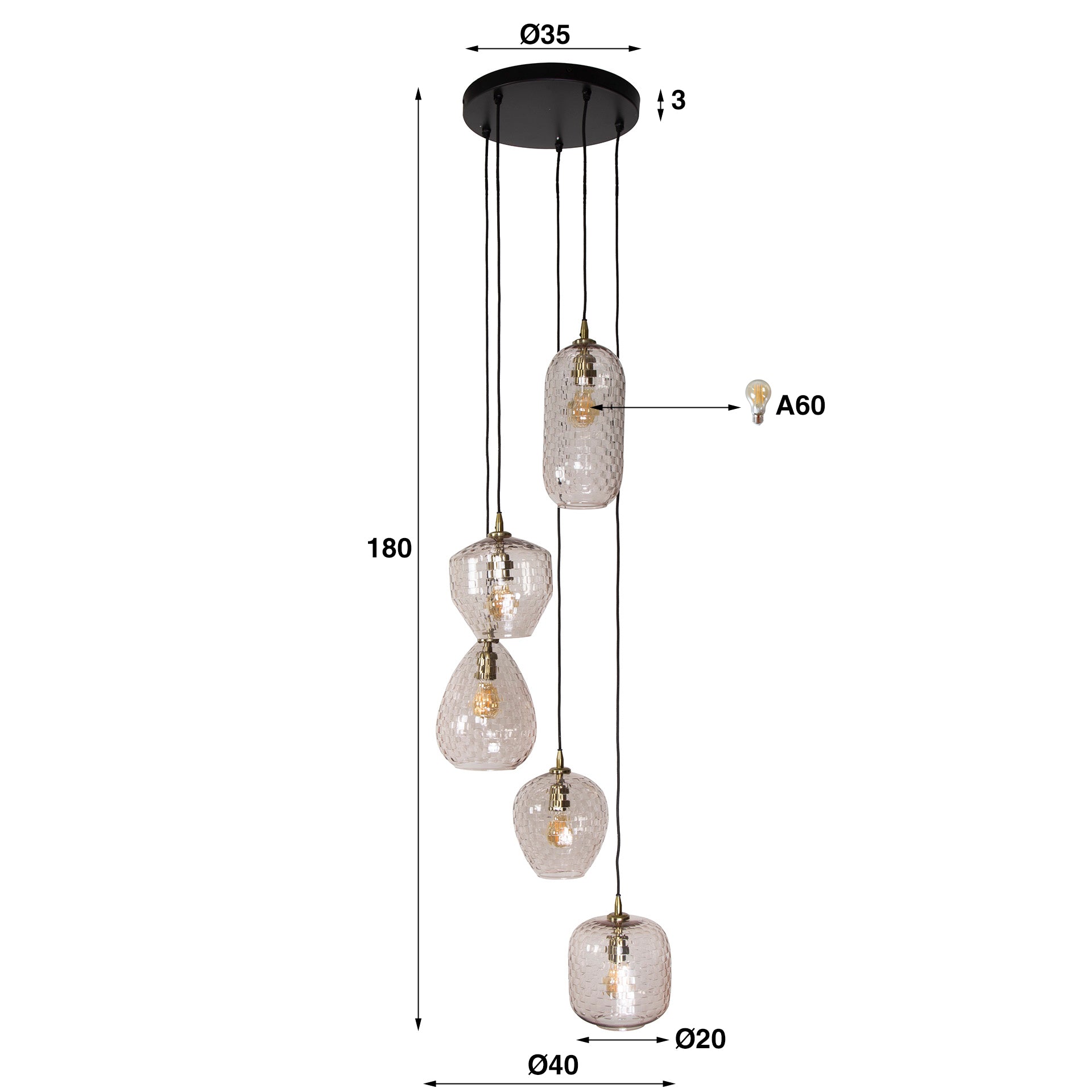 Hanglamp Diamond - 5-lichts - Transparant - Glas