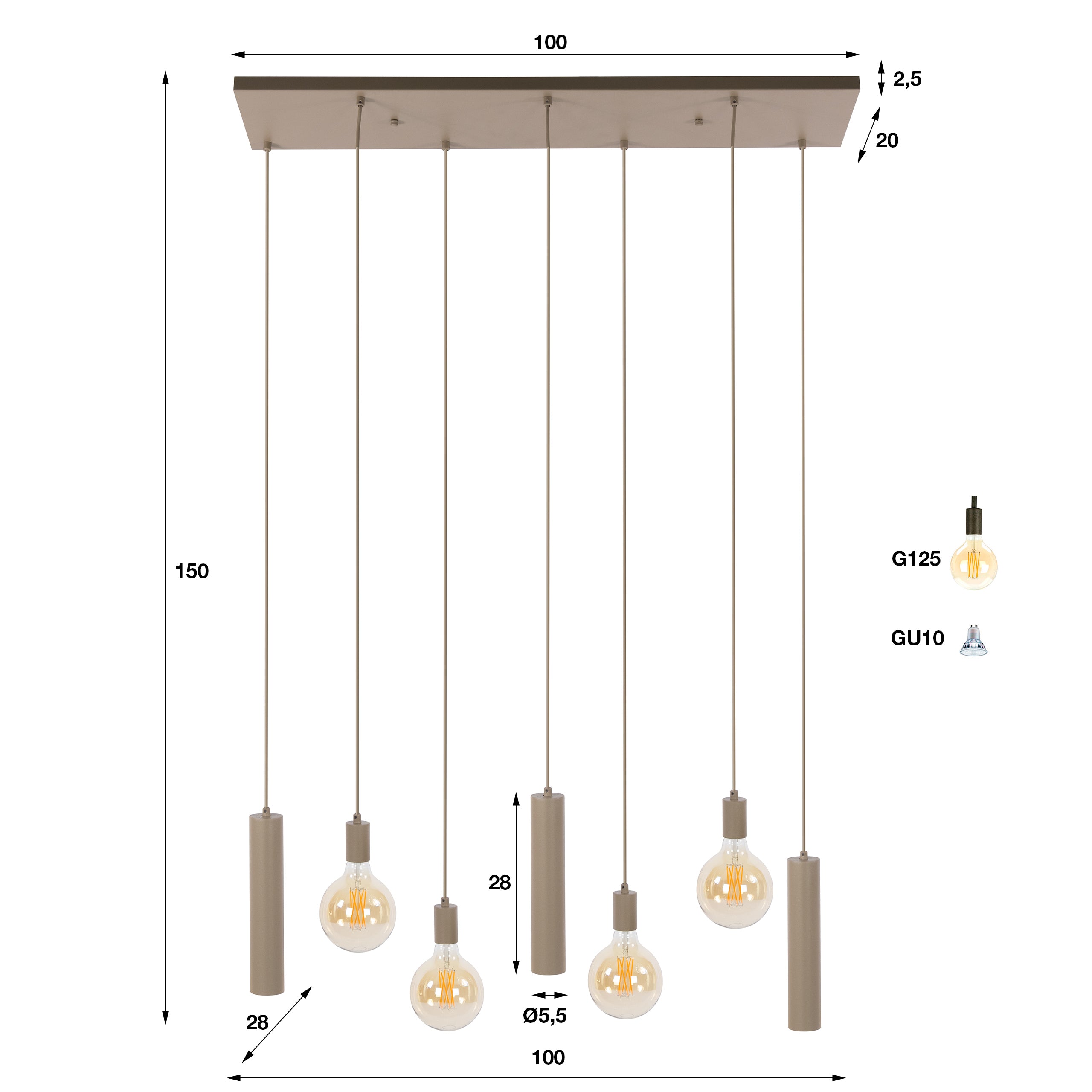 Hanglamp Soley - 7-lichts - Beige - Amberglas - Met Spots